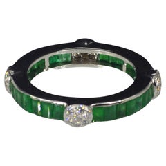 Vintage Natural Emerald Diamond Wedding Band, Art Deco Emerald Bridal Band Ring