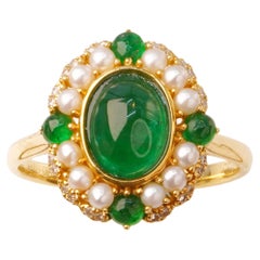 Vintage Cabochon Cut Natural Emerald With Diamond Pearl Set in 18K Gold Ring