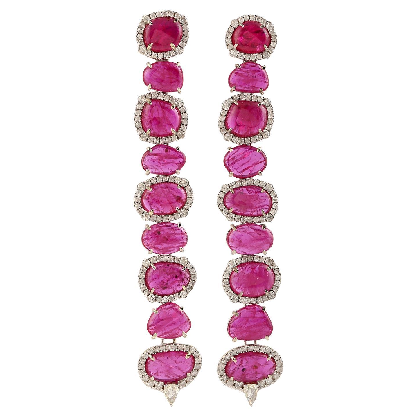 Ruby Diamond 18 Karat White Gold Drop Earrings For Sale at 1stDibs