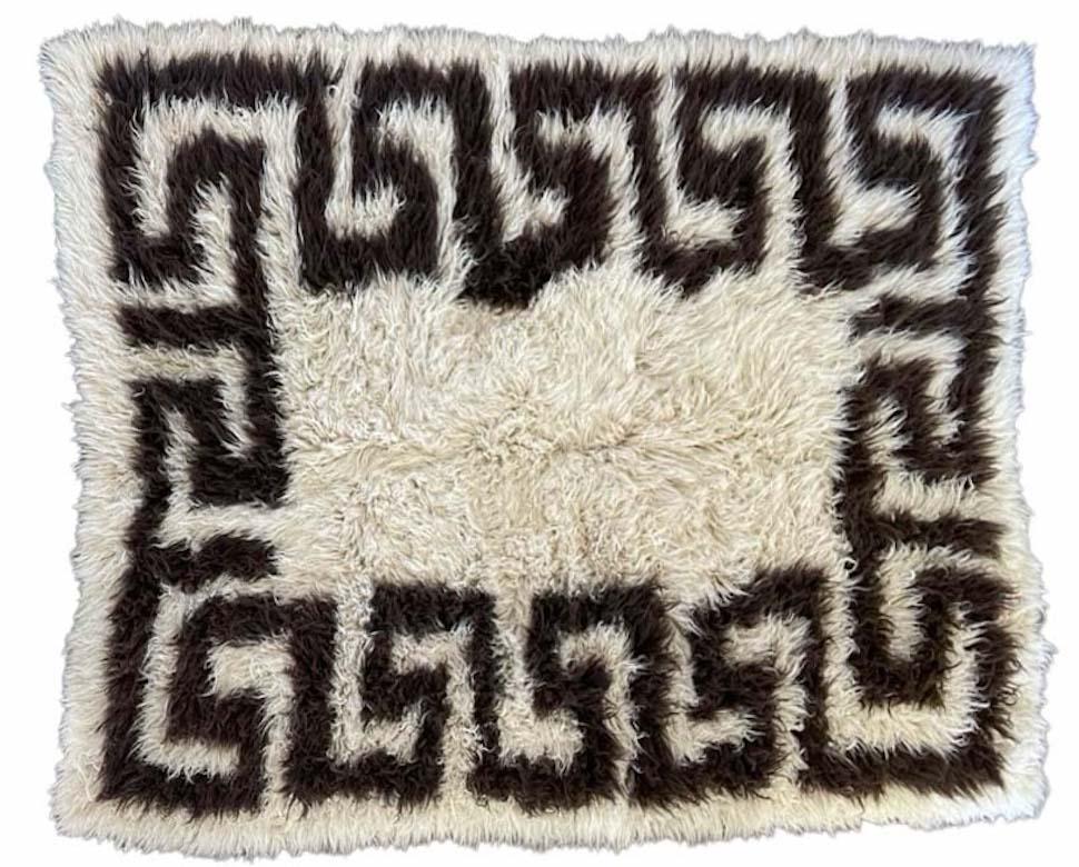 Mid-Century Modern Vintage Natural Flokati Shag Rug with Greek Key Detail