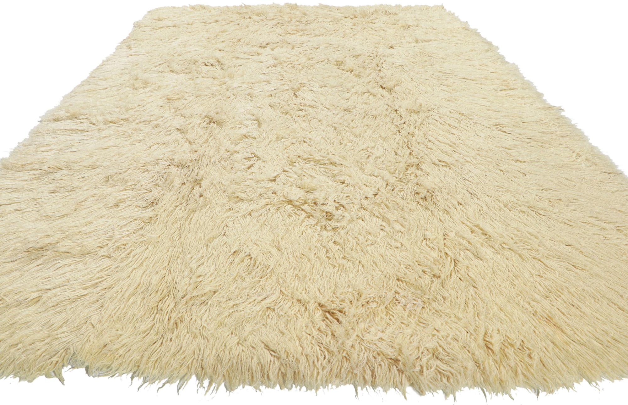 Hand-Woven Vintage Natural Greek Flokati Rug with Mid-Century Modern Style