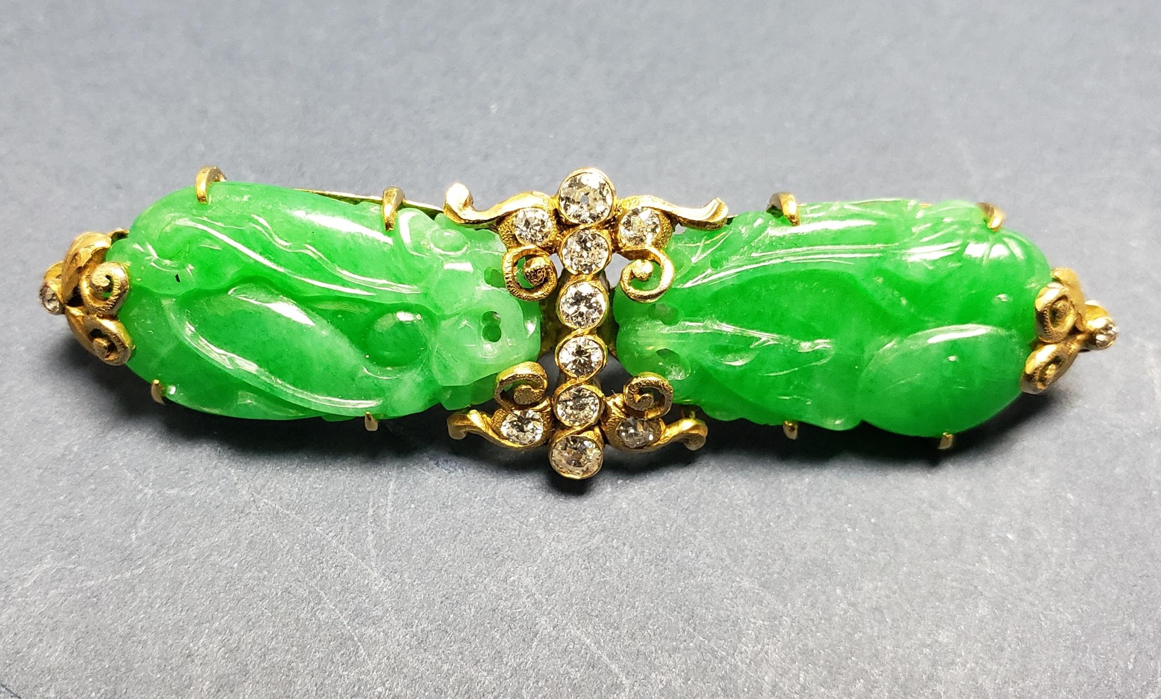 Mixed Cut Vintage Natural Jade & Diamond Brooch GIA cert. 14K gold For Sale