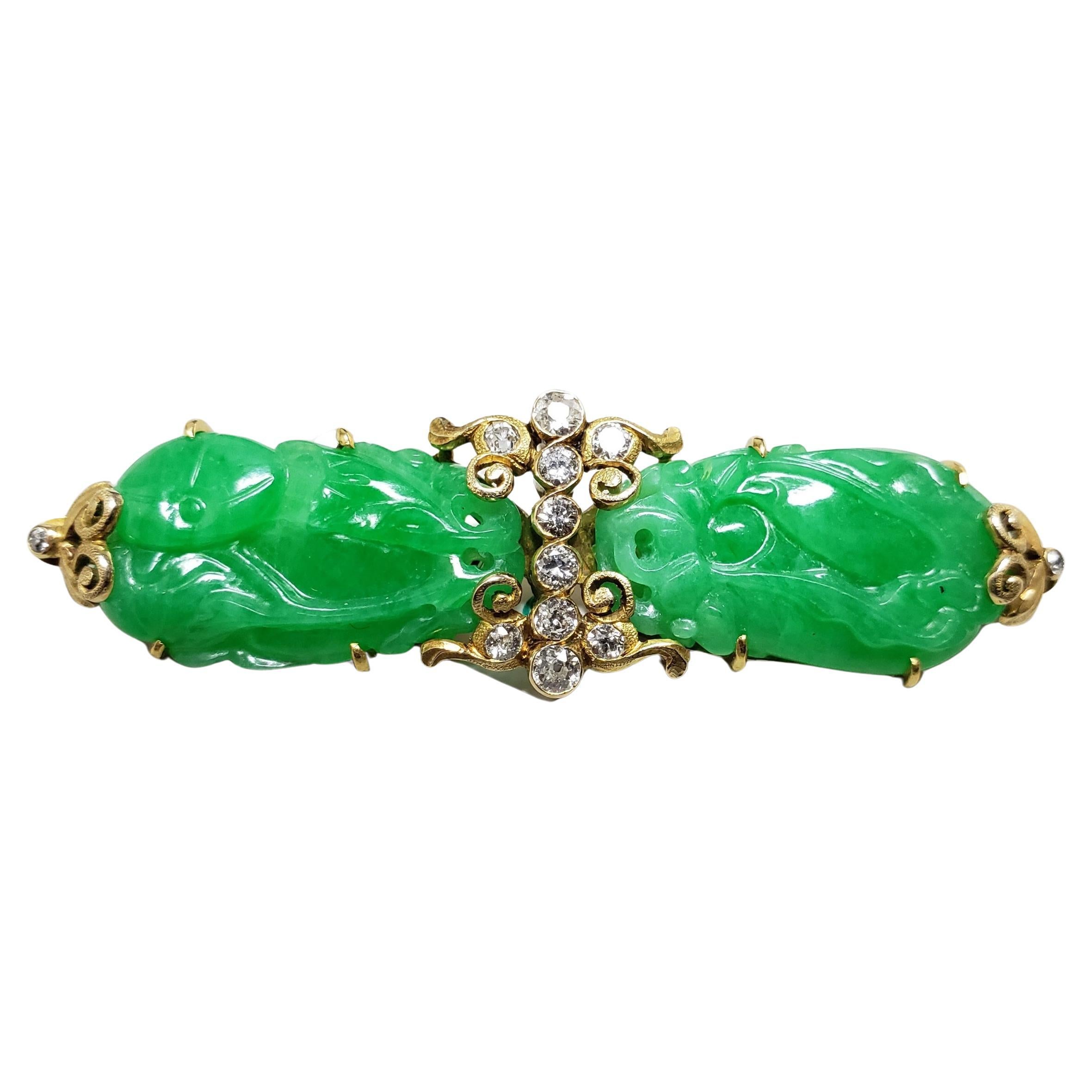 Brosche aus natürlicher Jade und Diamant, GIA-zertifiziert, 14K Gold