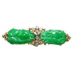 Brosche aus natürlicher Jade und Diamant, GIA-zertifiziert, 14K Gold