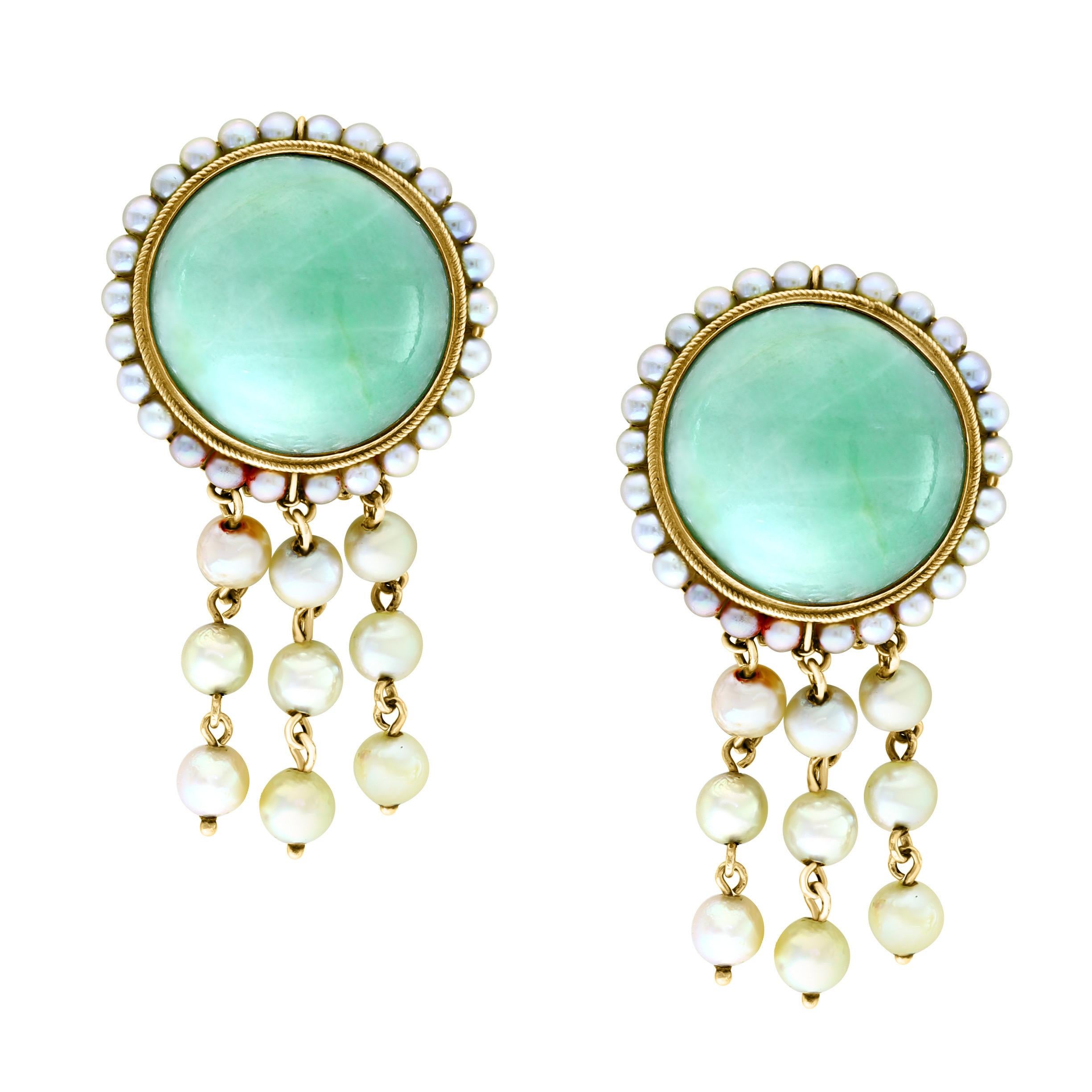 Vintage Natural Jade Earring & Ring Set + Natural Pearls, 14 K Yellow Gold 48 Gm For Sale 4