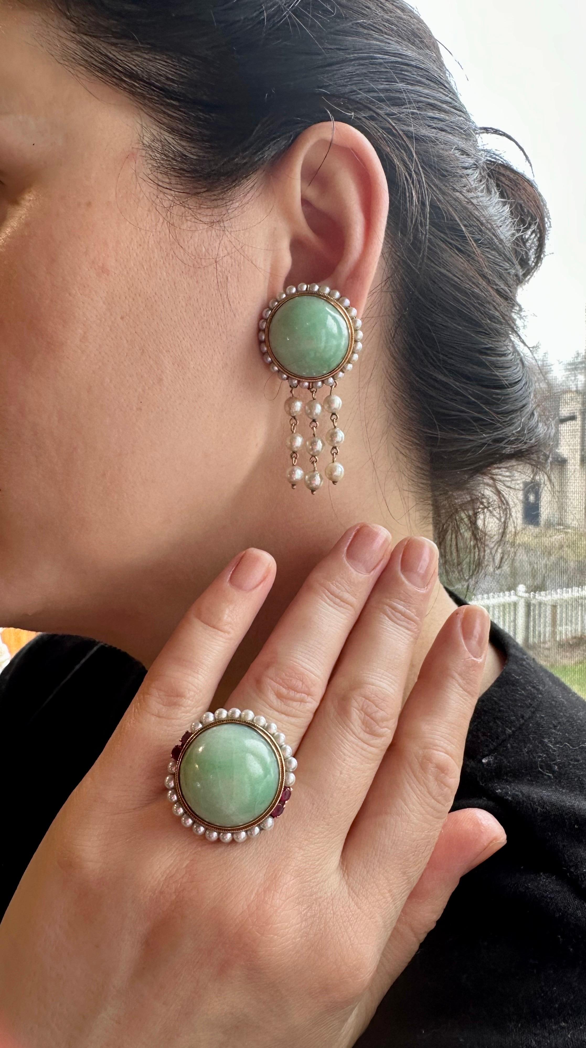 Vintage Natural Jade Earring & Ring Set + Natural Pearls, 14 K Yellow Gold 48 Gm For Sale 7