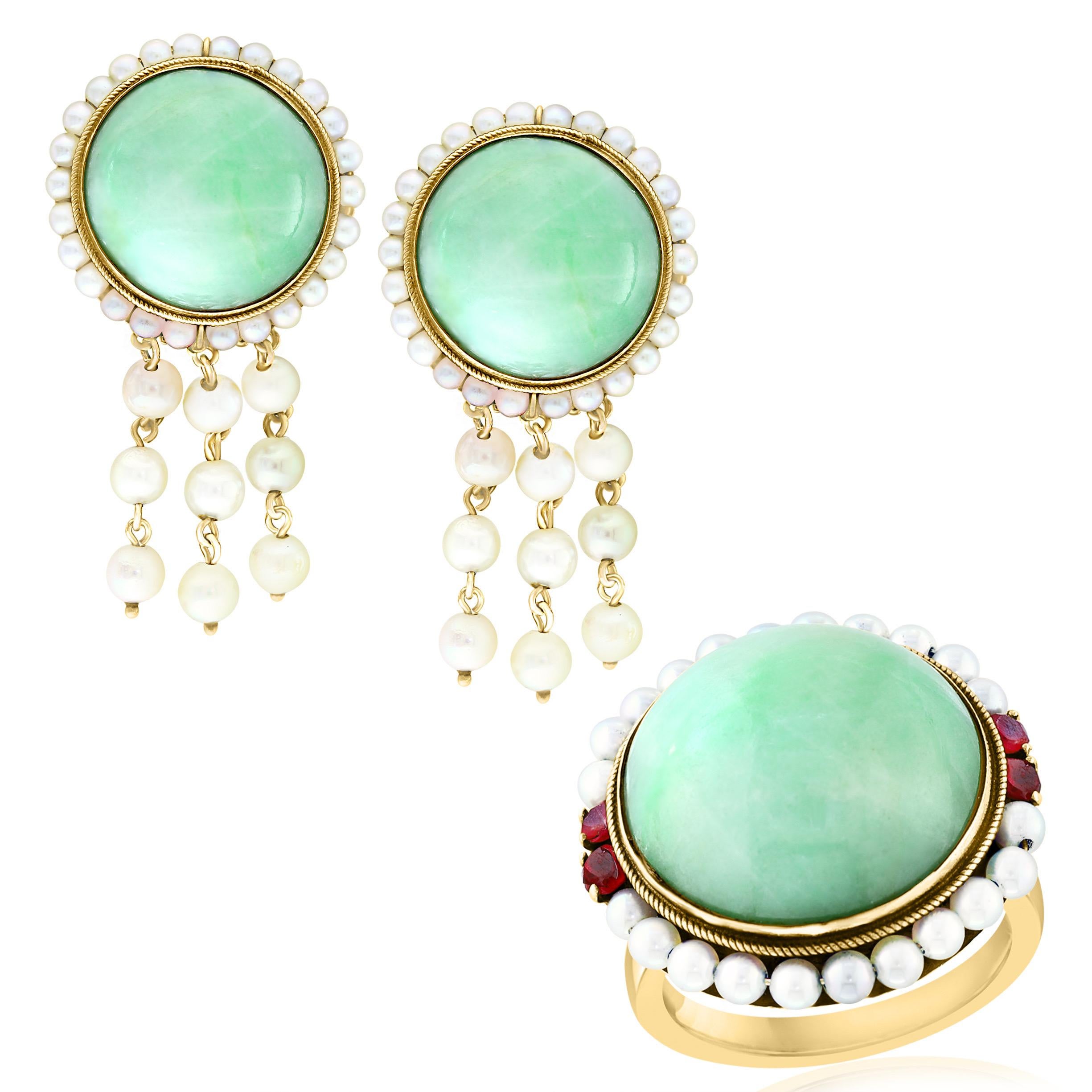 Vintage Natural Jade Earring & Ring Set + Natural Pearls, 14 K Yellow Gold 48 Gm For Sale 10