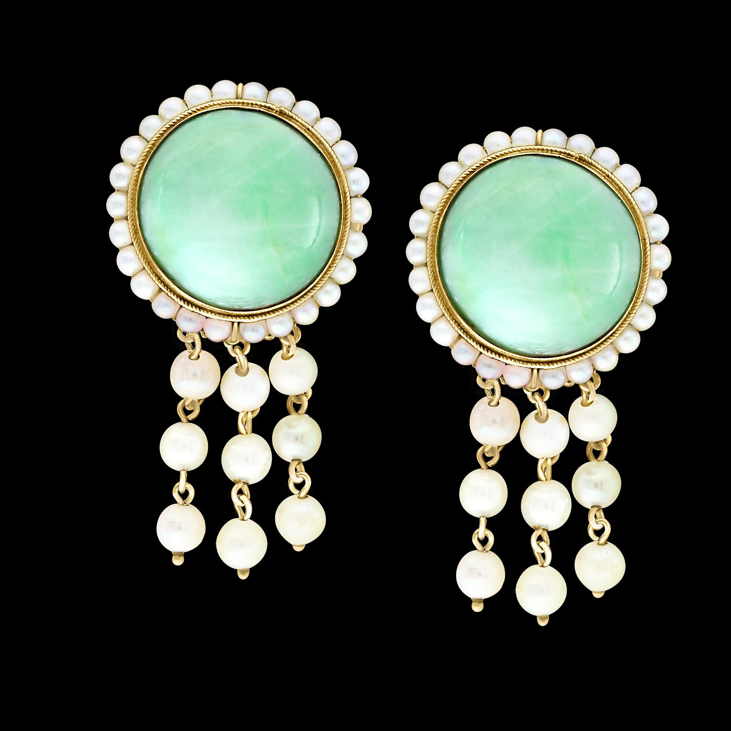 Vintage Natural Jade Earring & Ring Set + Natural Pearls, 14 K Yellow Gold 48 Gm For Sale 13