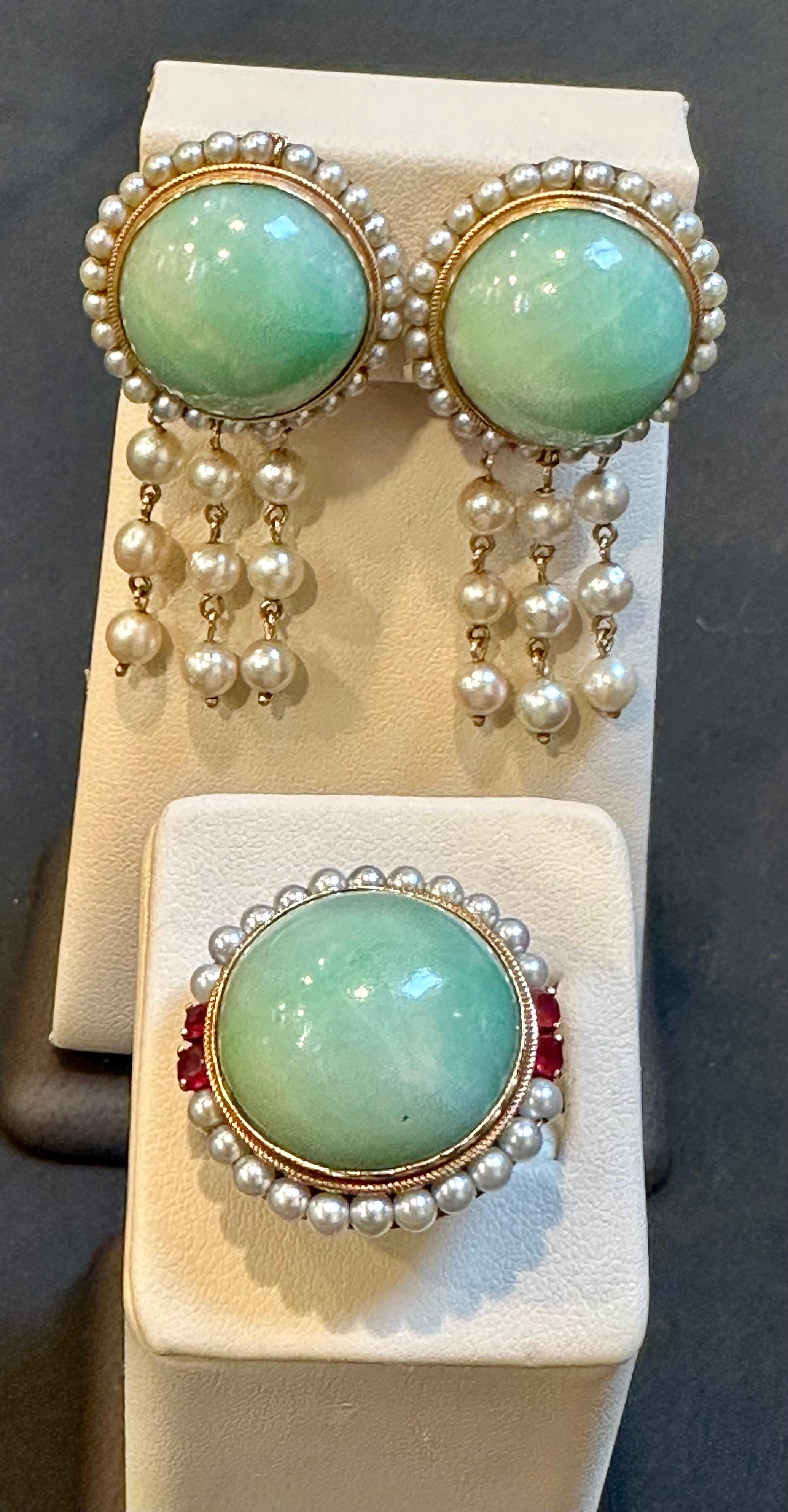Vintage Natural Jade Earring & Ring Set + Natural Pearls, 14 K Yellow Gold 48 Gm For Sale 1