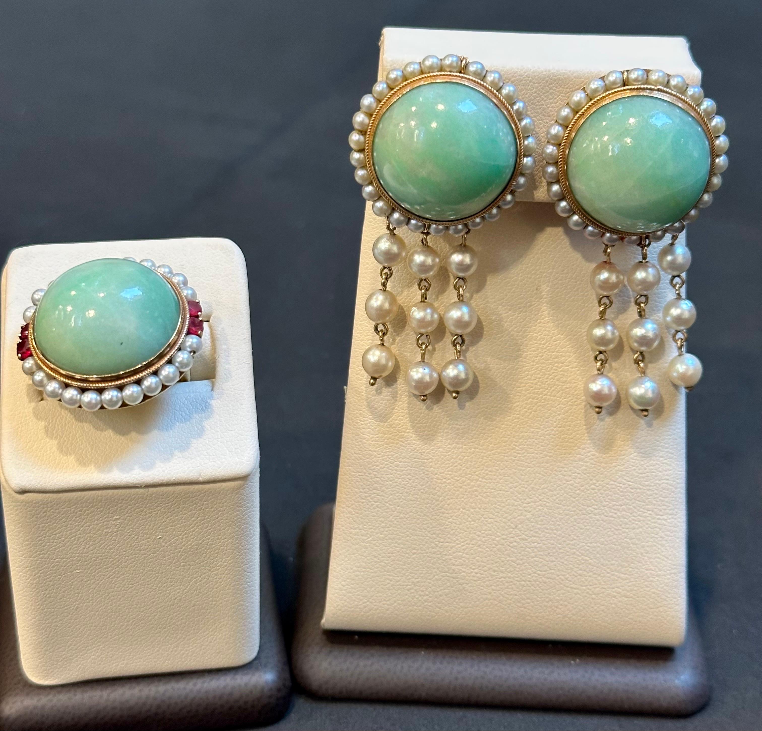 Vintage Natural Jade Earring & Ring Set + Natural Pearls, 14 K Yellow Gold 48 Gm For Sale 2