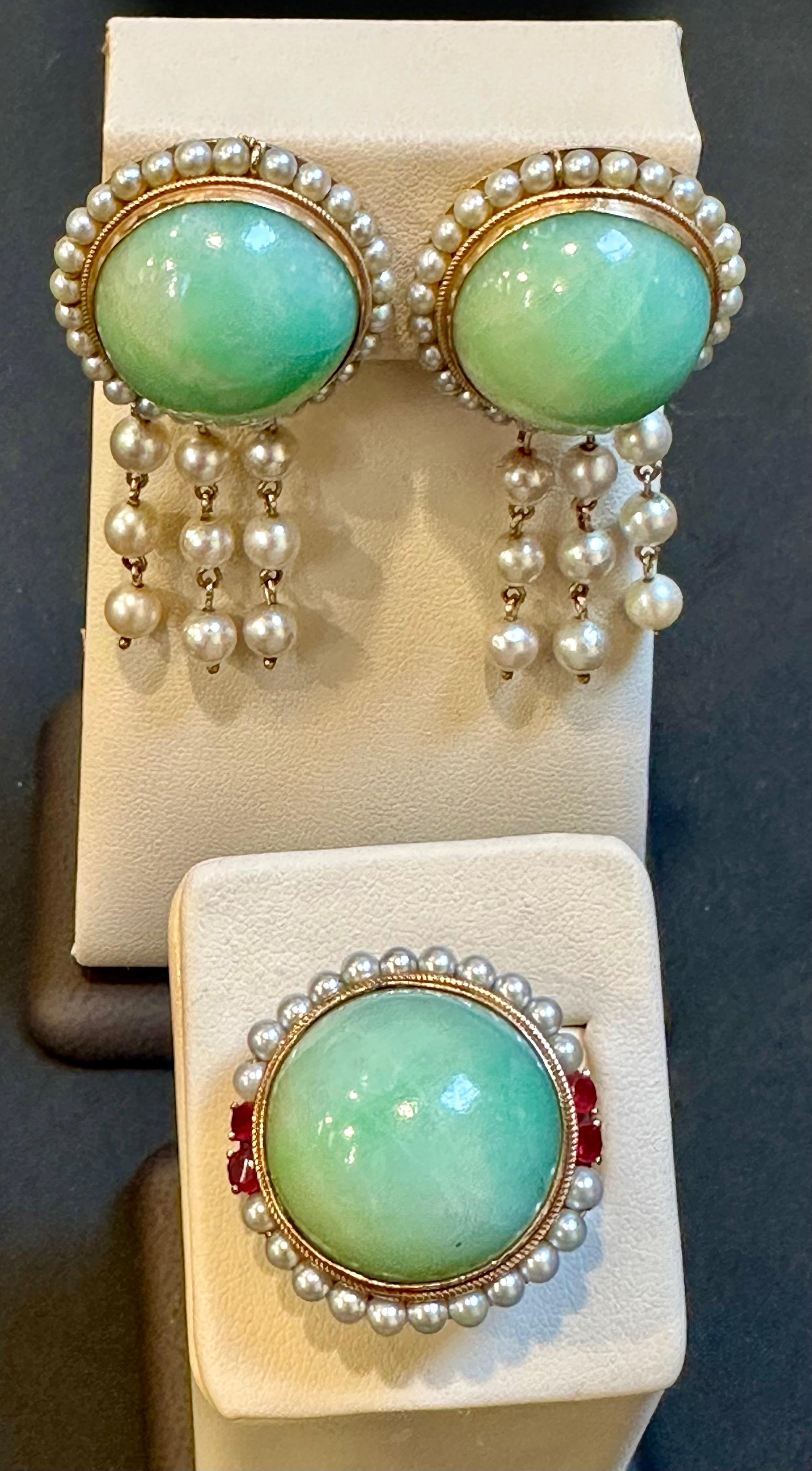 Vintage Natural Jade Earring & Ring Set + Natural Pearls, 14 K Yellow Gold 48 Gm For Sale 3