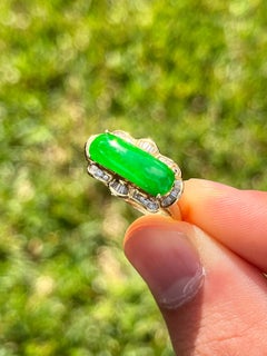 Vintage Natural Jade Ring with Diamonds in 18k Solid Gold Ring Setting