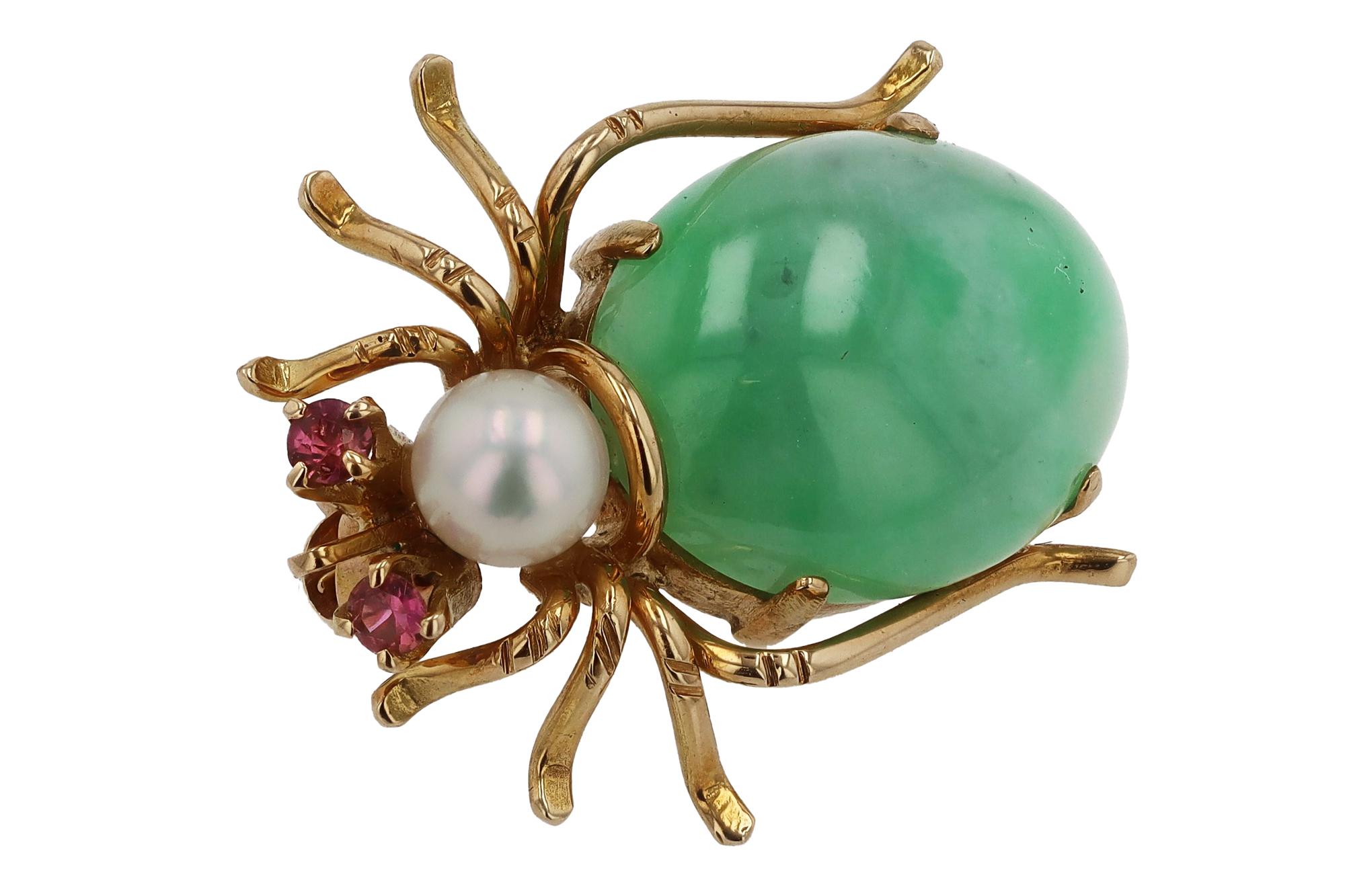 Cabochon Vintage Natural Jade Spider 14k Gold Pin-Pendant Brooch