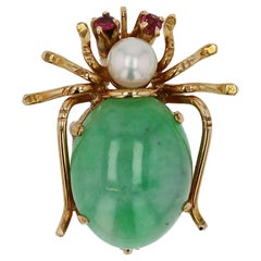 Vintage Natural Jade Spider 14k Gold Pin-Pendant Brooch 