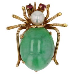 Vintage Natural Jade Spider 14k Gold Pin-Pendant Brooch