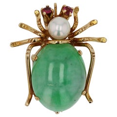 Retro Natural Jade Spider 14k Gold Pin-Pendant Brooch 