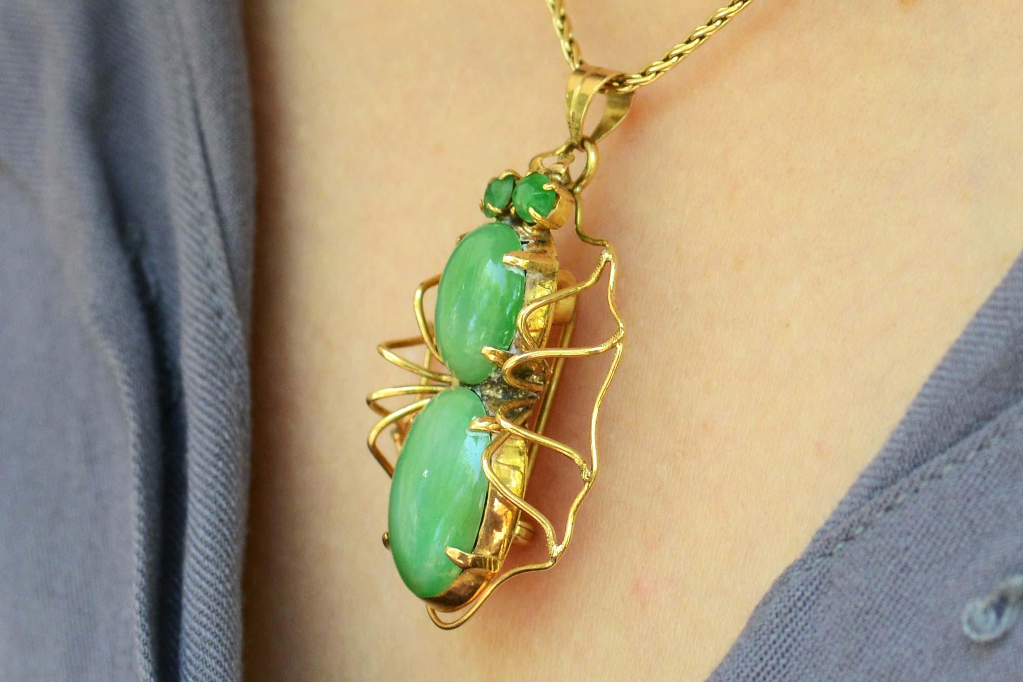 Retro Vintage Natural Jade Spider Pin Pendant Necklace For Sale