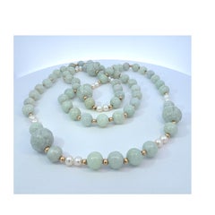 Vintage 14K Yellow Gold Jadeite and Pearl Beaded Necklace, 30 Inches