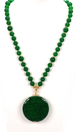 Vintage Natural Jadeite Beaded 12 Karat Necklace with Carved Medallion Pendant