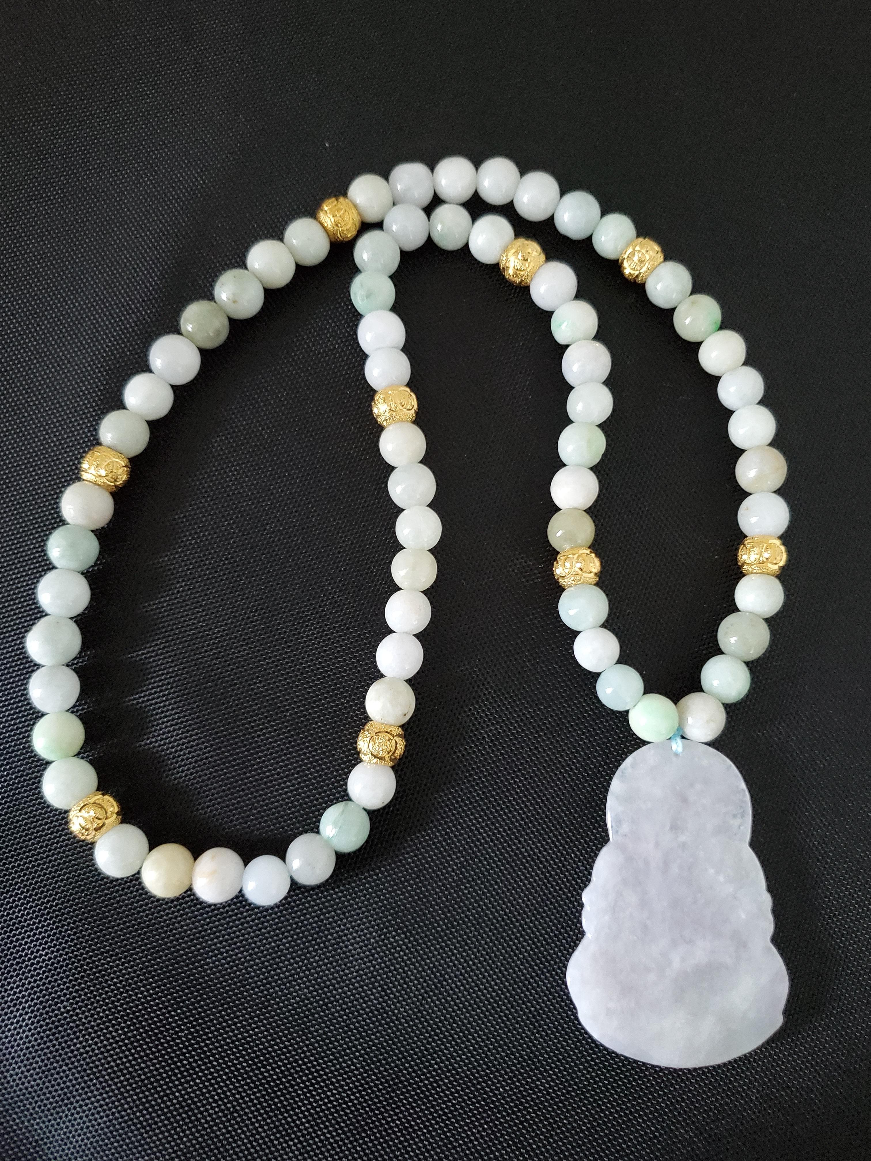 Vintage Natural Jadeite & Gold Beaded Necklace with Carved Pendant of Guanyin 5