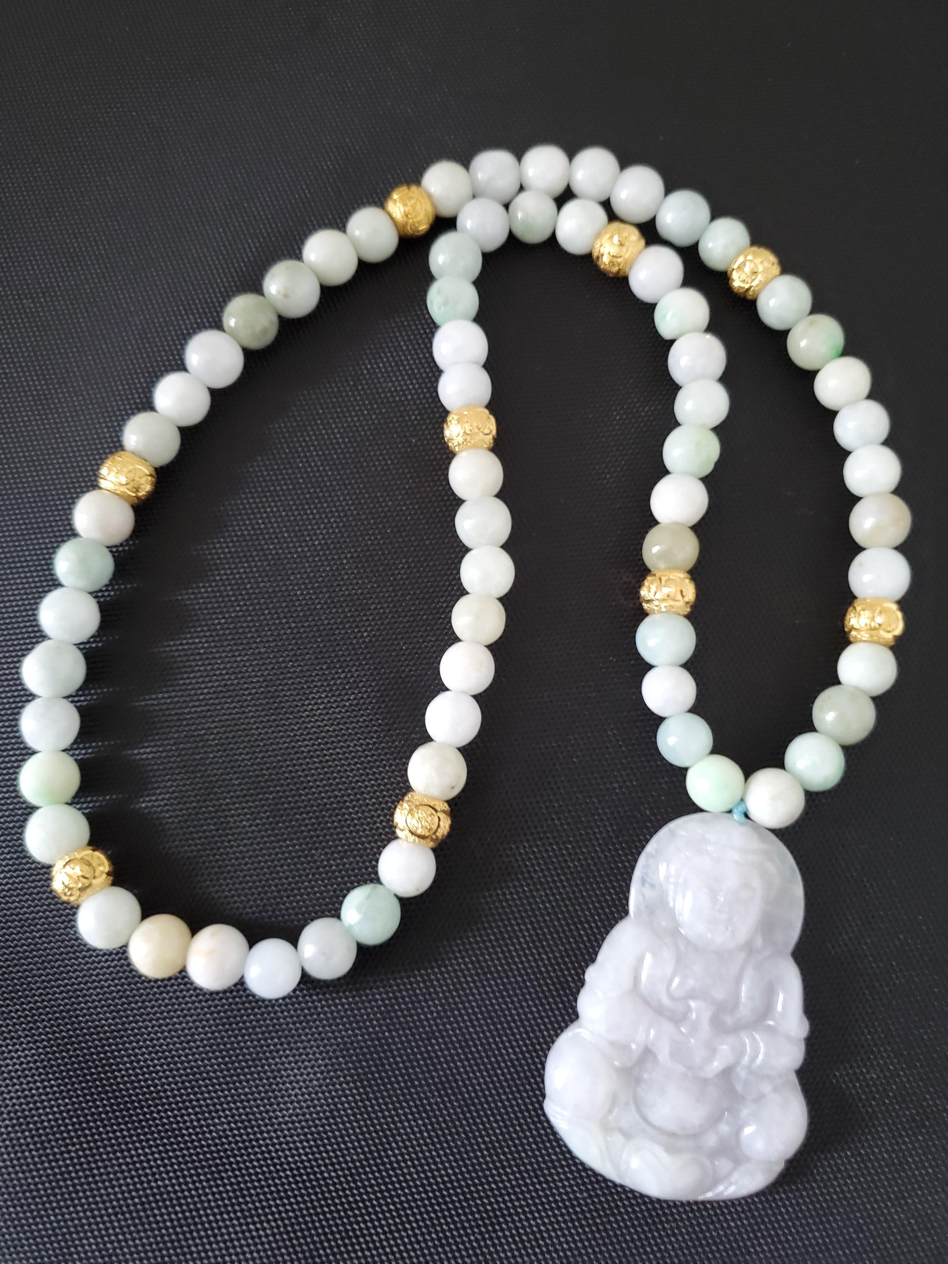 Vintage Natural Jadeite & Gold Beaded Necklace with Carved Pendant of Guanyin 5