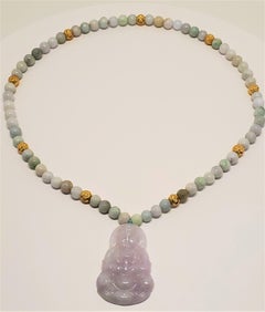 Vintage Natural Jadeite & Gold Beaded Necklace with Carved Pendant of Guanyin
