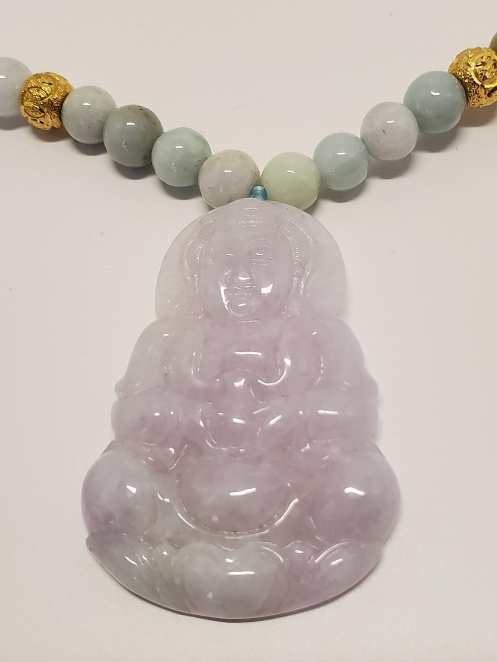 Chinese Export Vintage Natural Jadeite & Gold Beaded Necklace with Carved Pendant of Guanyin