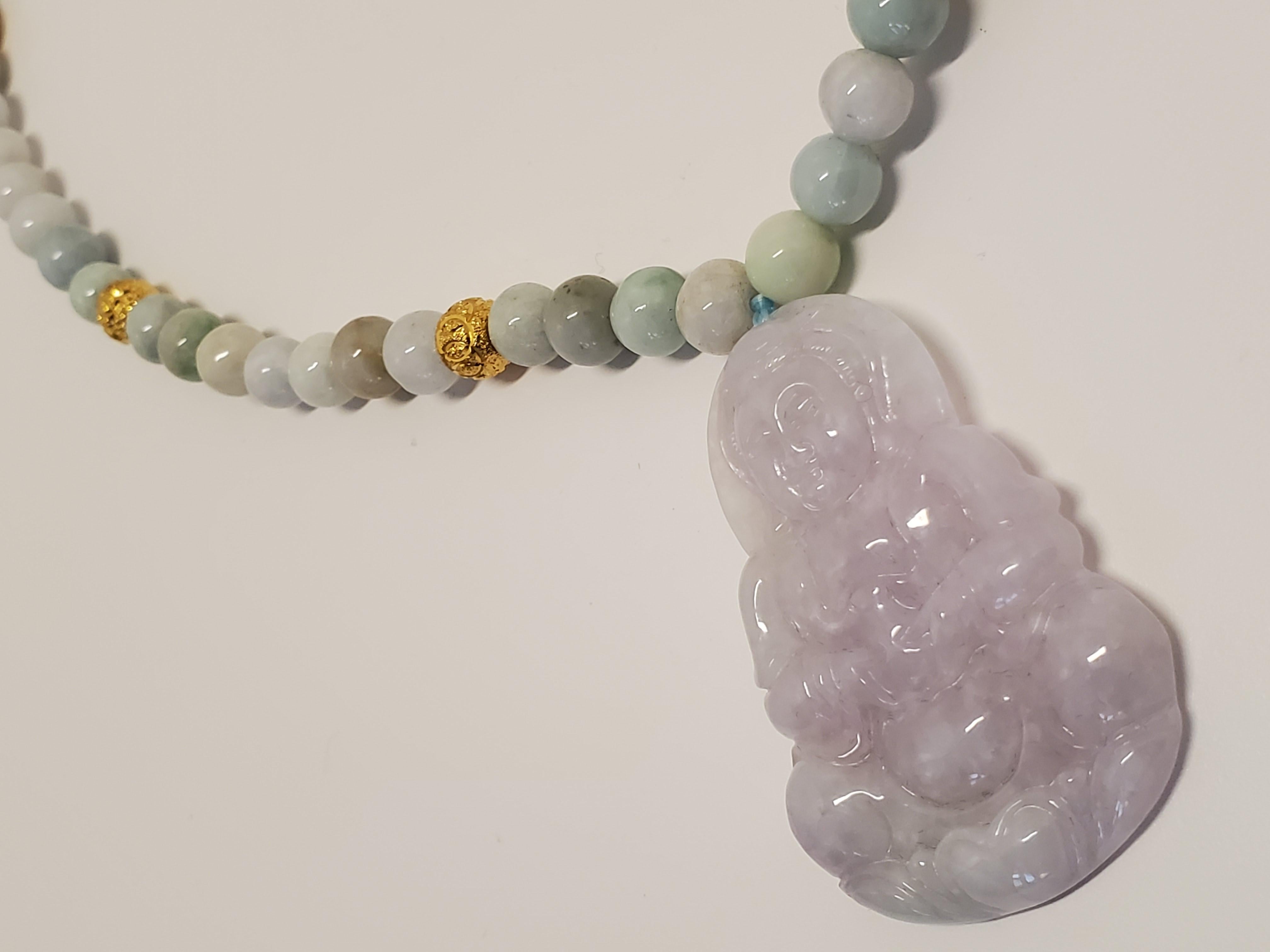 20th Century Vintage Natural Jadeite & Gold Beaded Necklace with Carved Pendant of Guanyin