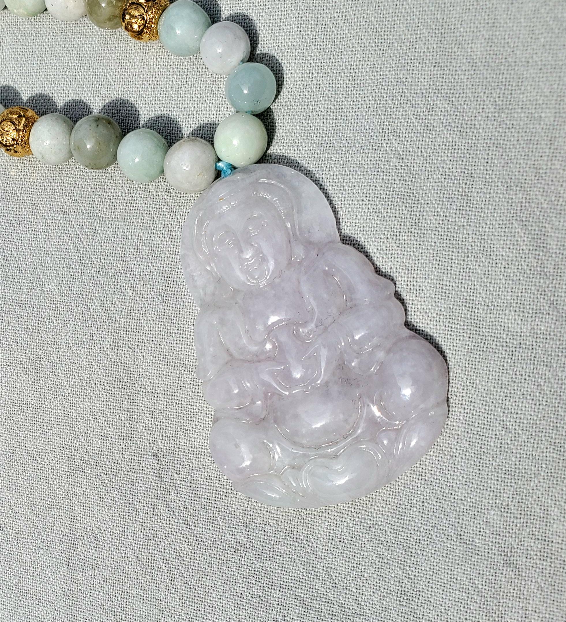 20th Century Vintage Natural Jadeite & Gold Beaded Necklace with Carved Pendant of Guanyin