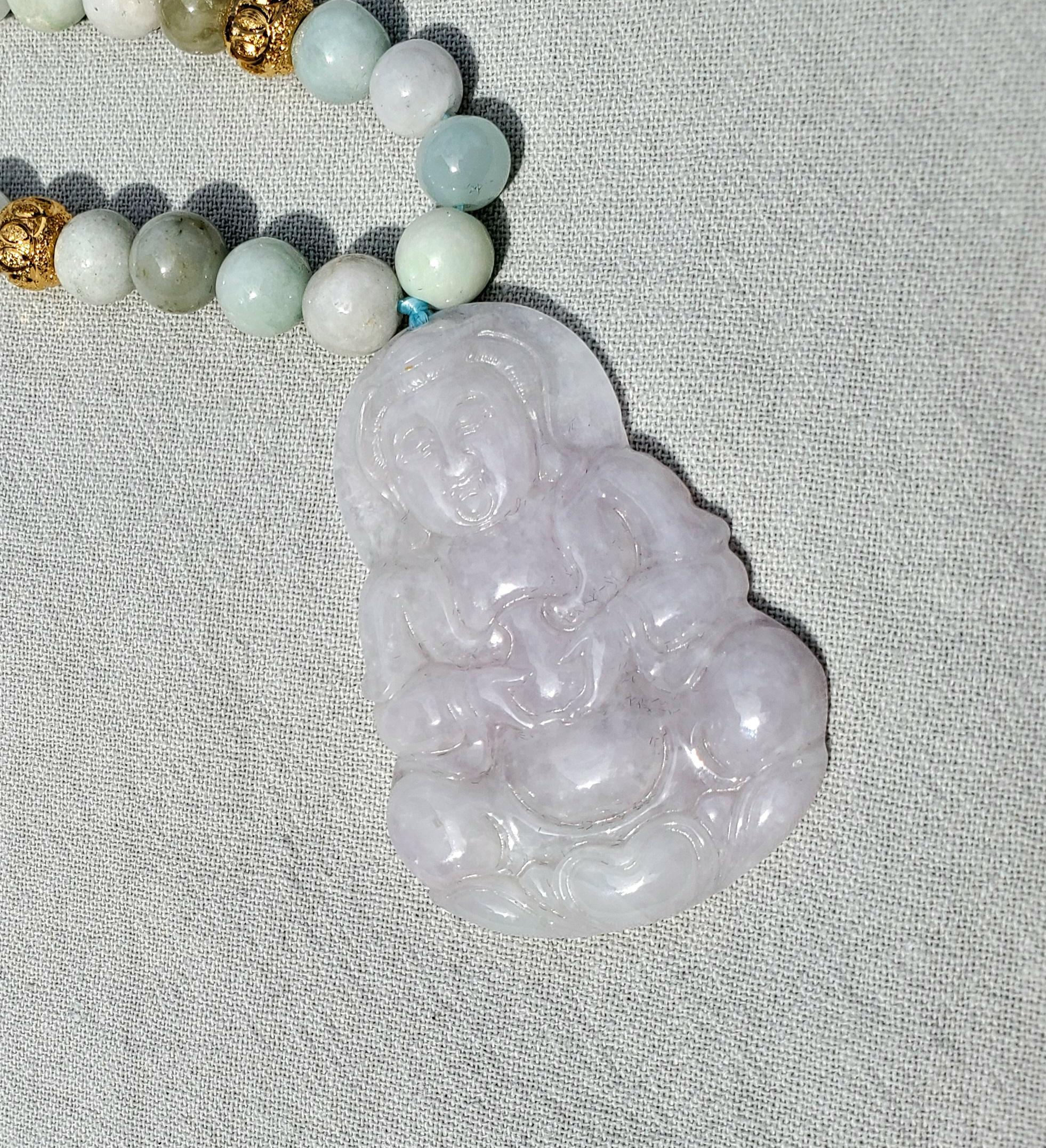 Vintage Natural Jadeite & Gold Beaded Necklace with Carved Pendant of Guanyin 1