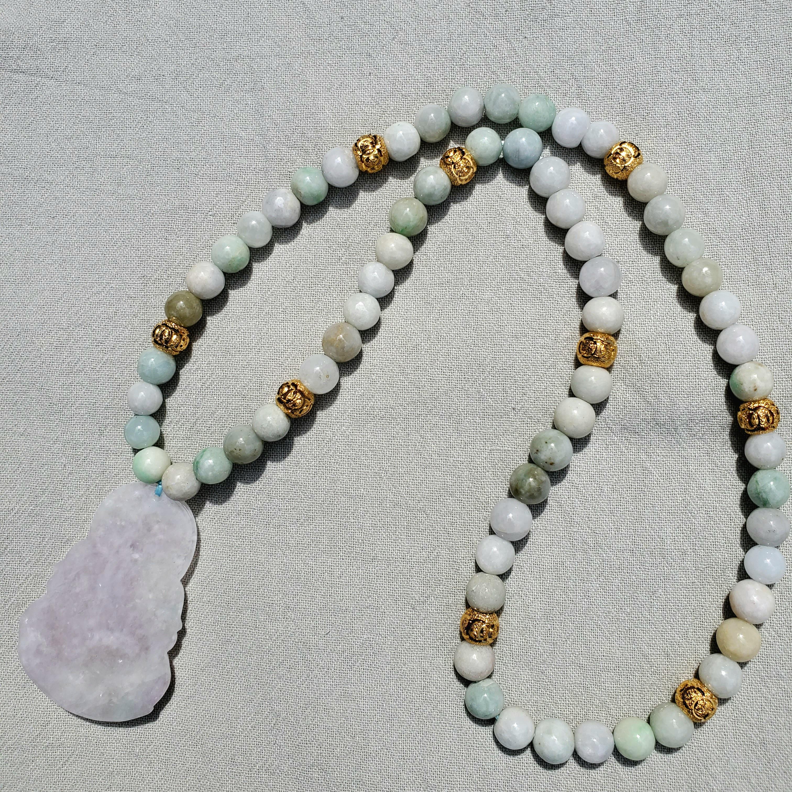 Vintage Natural Jadeite & Gold Beaded Necklace with Carved Pendant of Guanyin 1