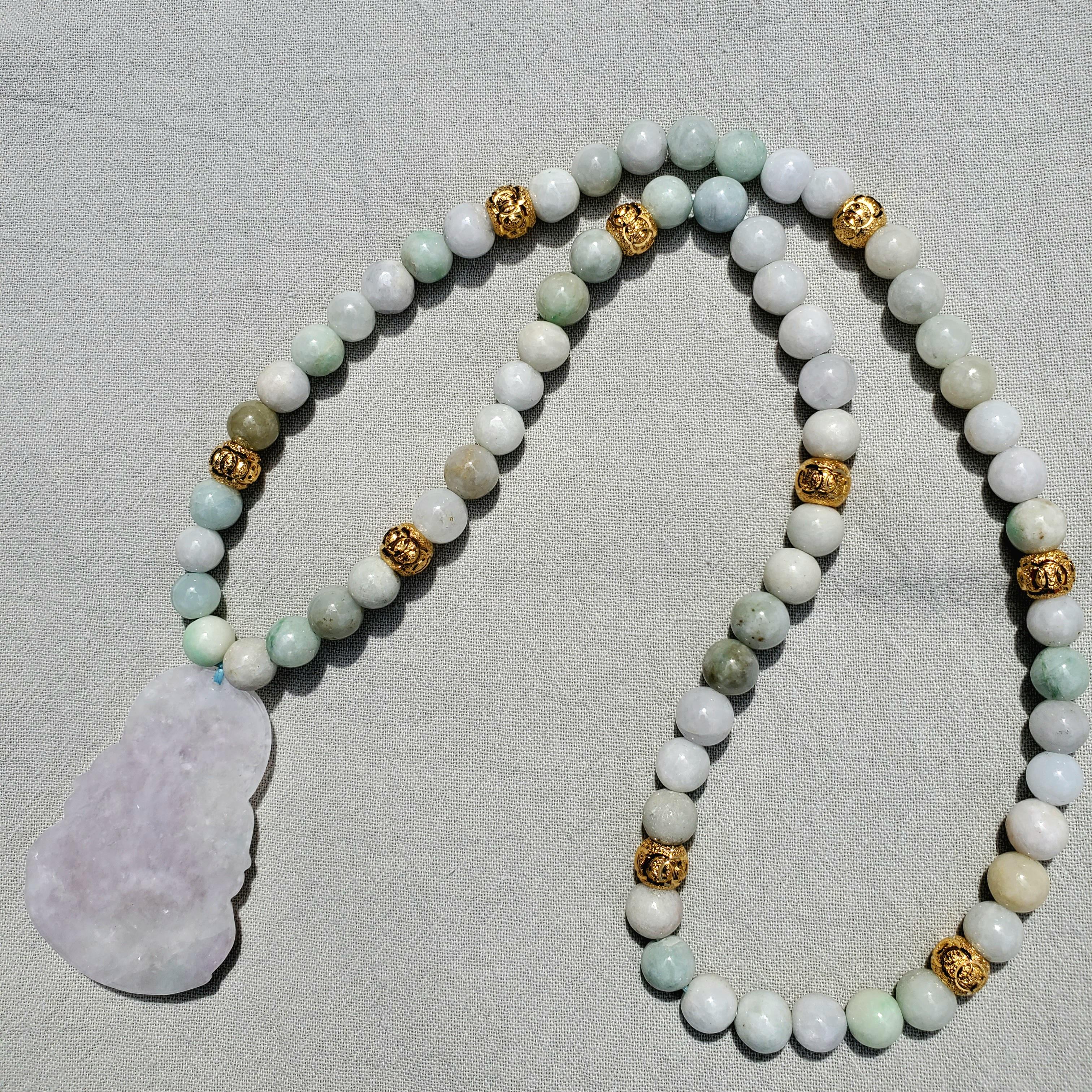 Vintage Natural Jadeite & Gold Beaded Necklace with Carved Pendant of Guanyin 2