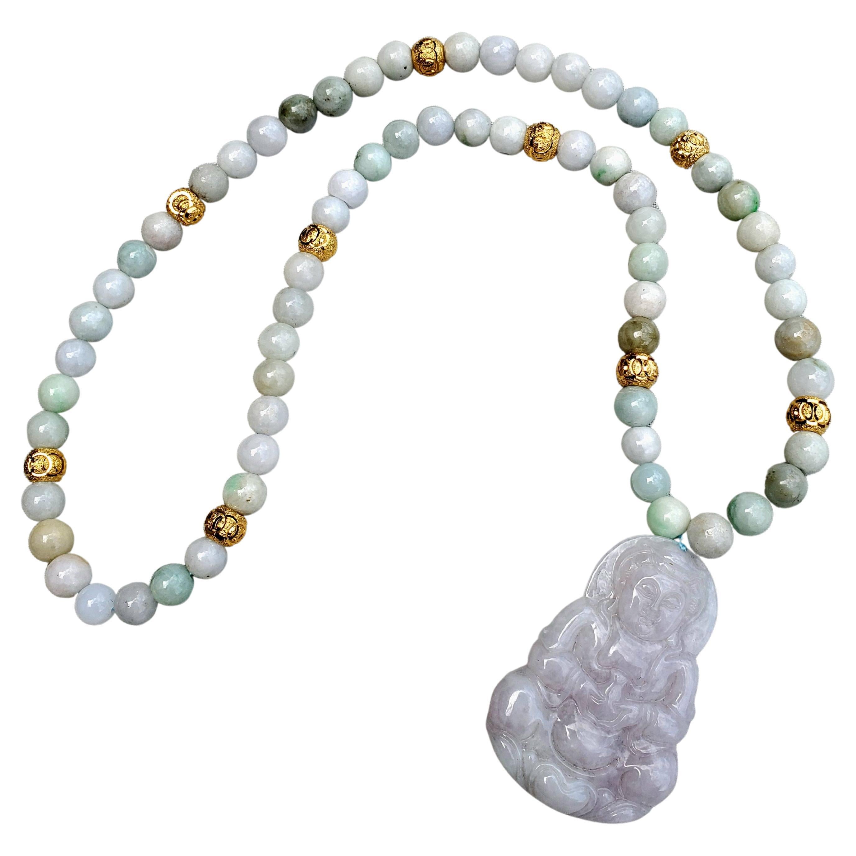 Vintage Natural Jadeite & Gold Beaded Necklace with Carved Pendant of Guanyin
