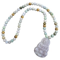 Antique Natural Jadeite & Gold Beaded Necklace with Carved Pendant of Guanyin