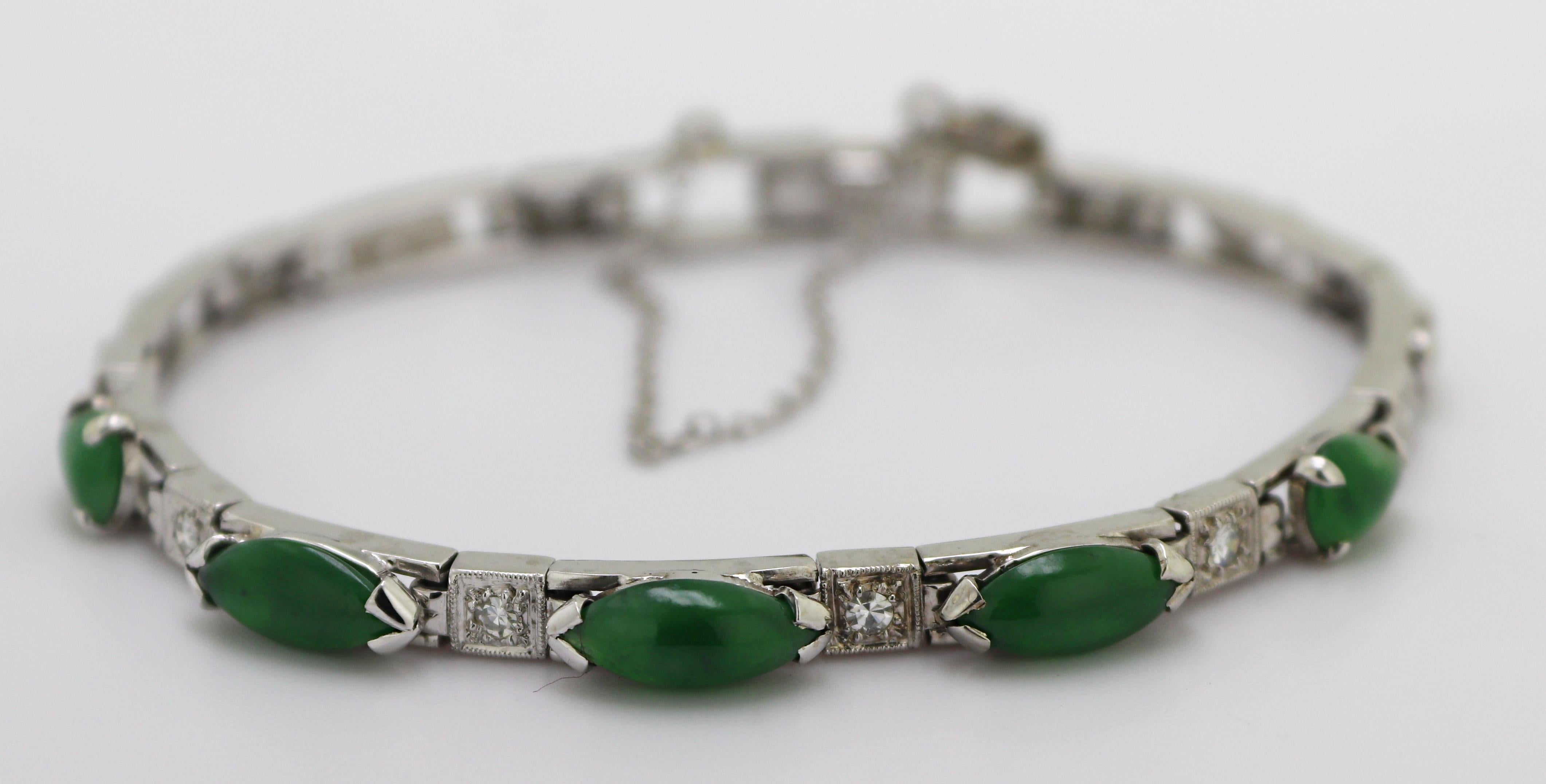 Artisan Vintage Natural Jadeite Jade Mason Kay Report Certified White Gold Bracelet For Sale