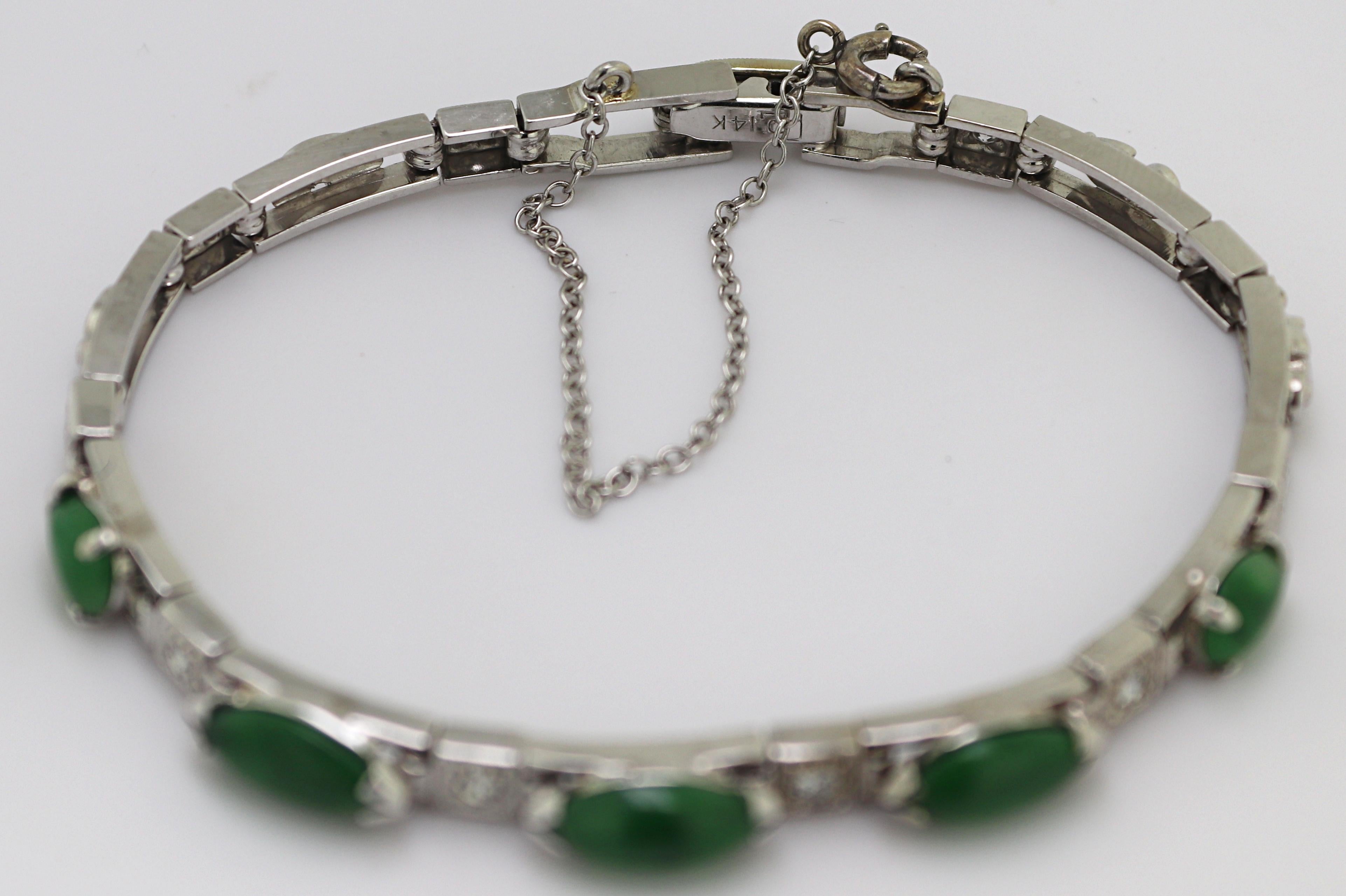 Vintage Natural Jadeite Jade Mason Kay Report Certified White Gold Bracelet In Excellent Condition For Sale In Pleasant Hill, CA