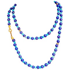 Vintage Natural  Lapis Lazuli 
Turquoise Bead Single Strand Necklace 18 Kt Gold