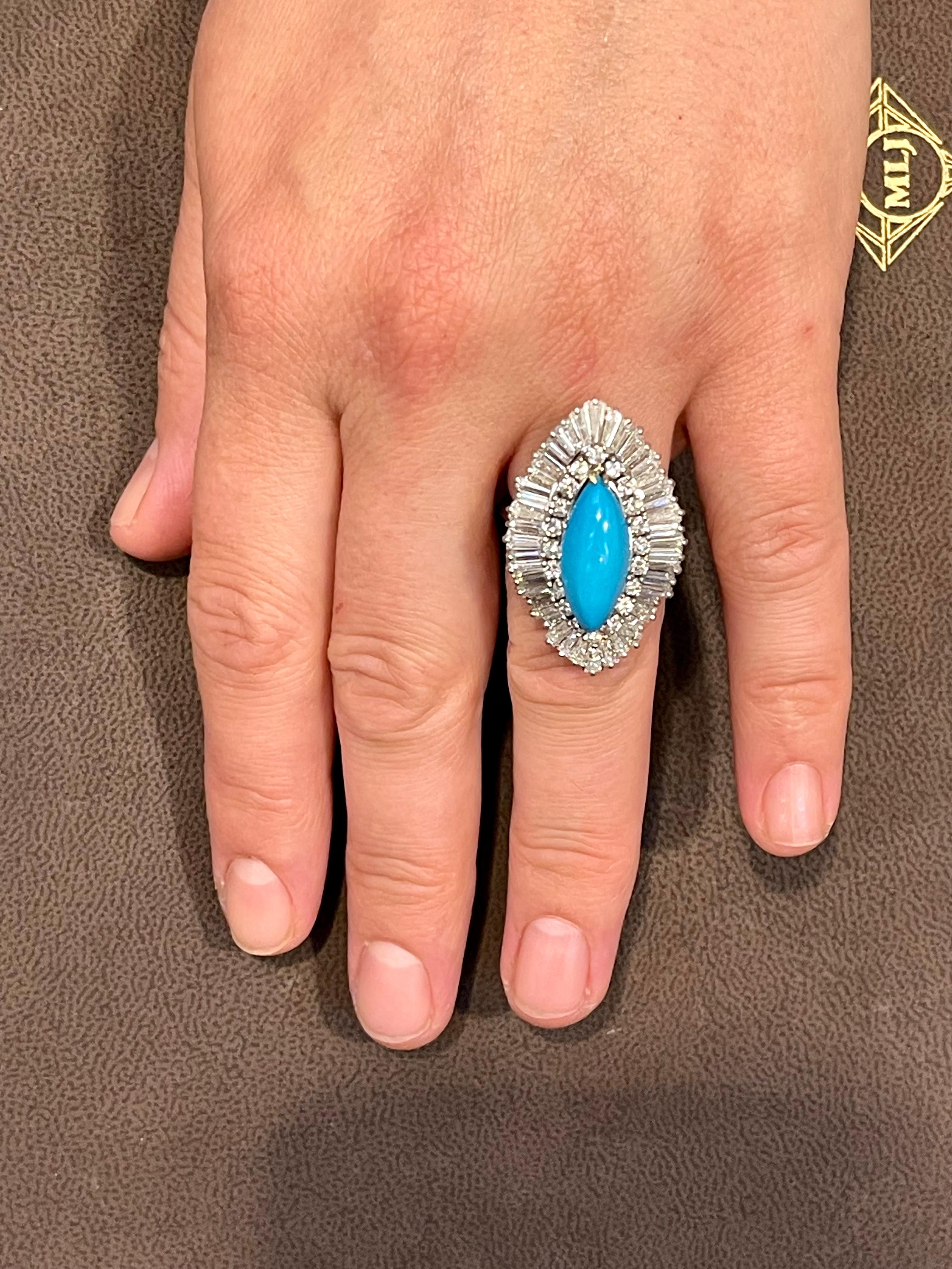 Vintage Natural Marquise Sleeping Beauty Ring Turquoise With Diamonds, Platinum  For Sale 3