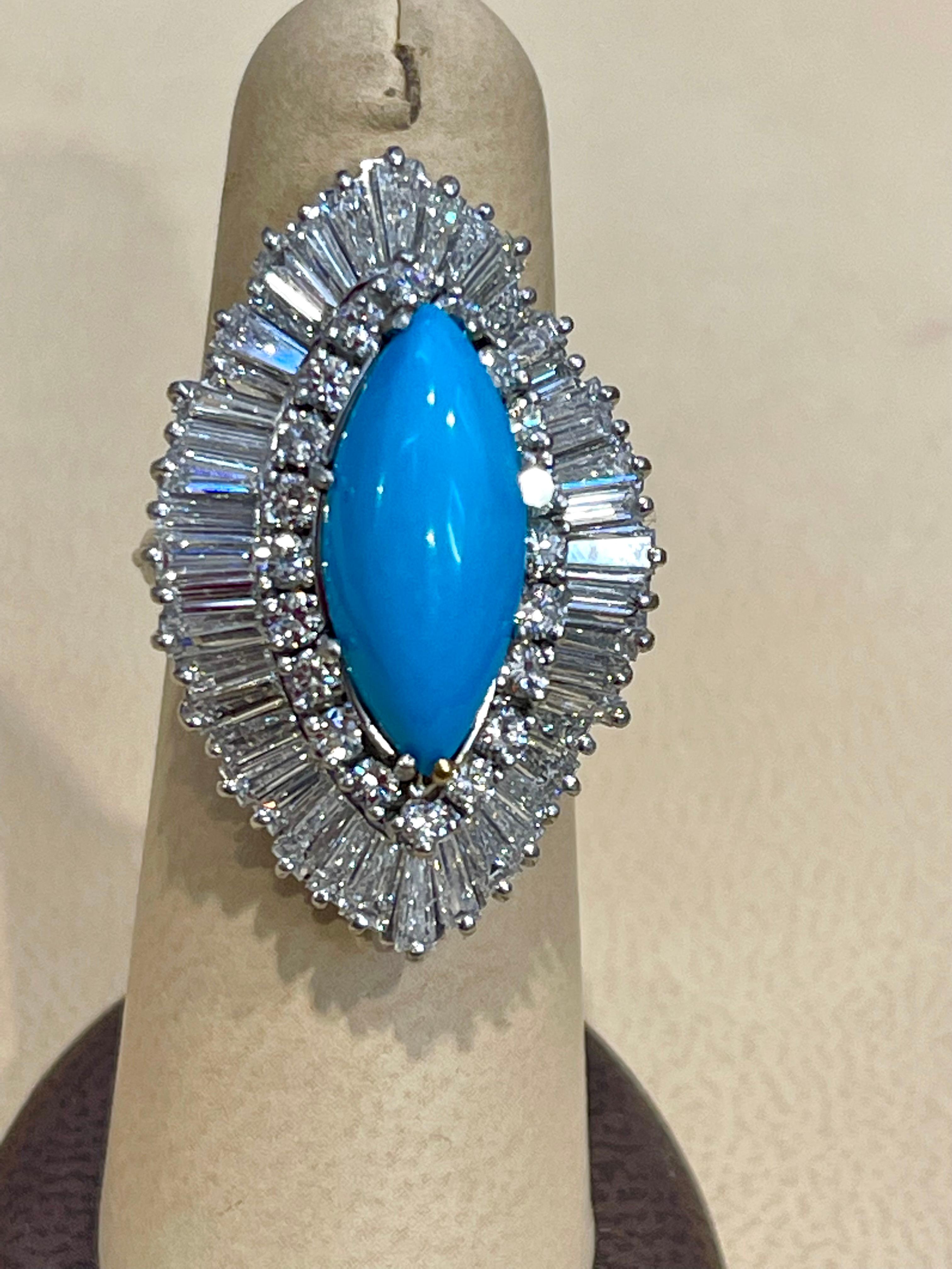 Vintage Natural Marquise Sleeping Beauty Ring Turquoise With Diamonds, Platinum  For Sale 4