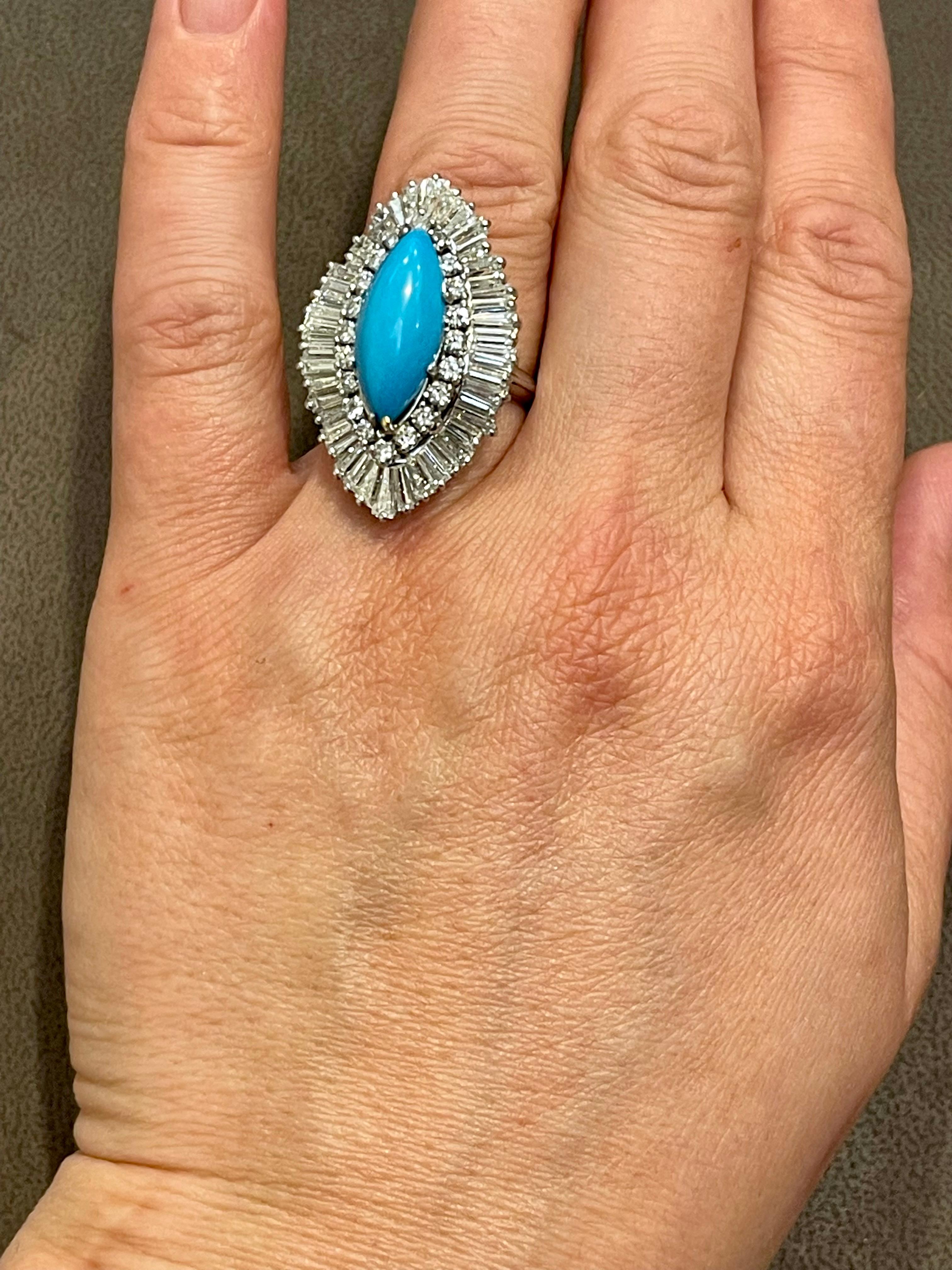 Vintage Natural Marquise Sleeping Beauty Ring Turquoise With Diamonds, Platinum  For Sale 5