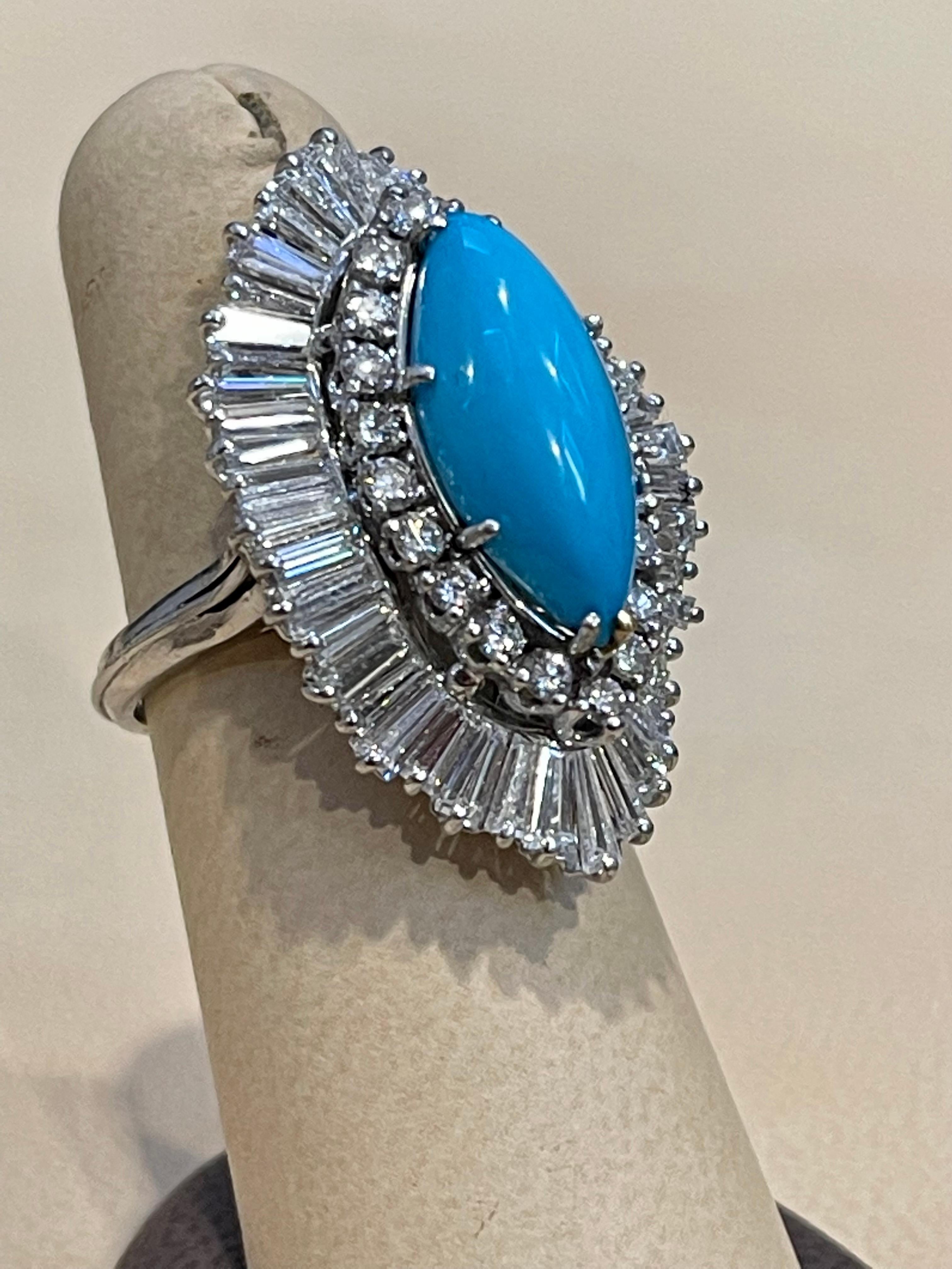 Vintage Natural Marquise Sleeping Beauty Ring Turquoise With Diamonds, Platinum  For Sale 6