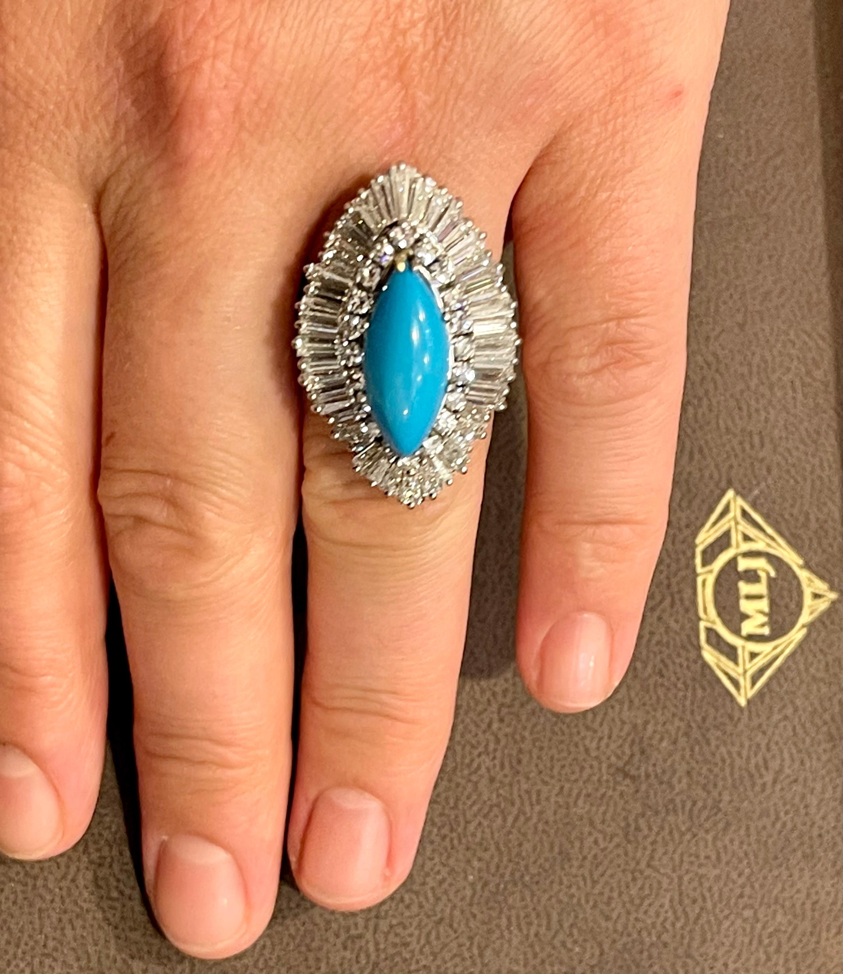 Vintage Natural Marquise Sleeping Beauty Ring Turquoise With Diamonds, Platinum  For Sale 8