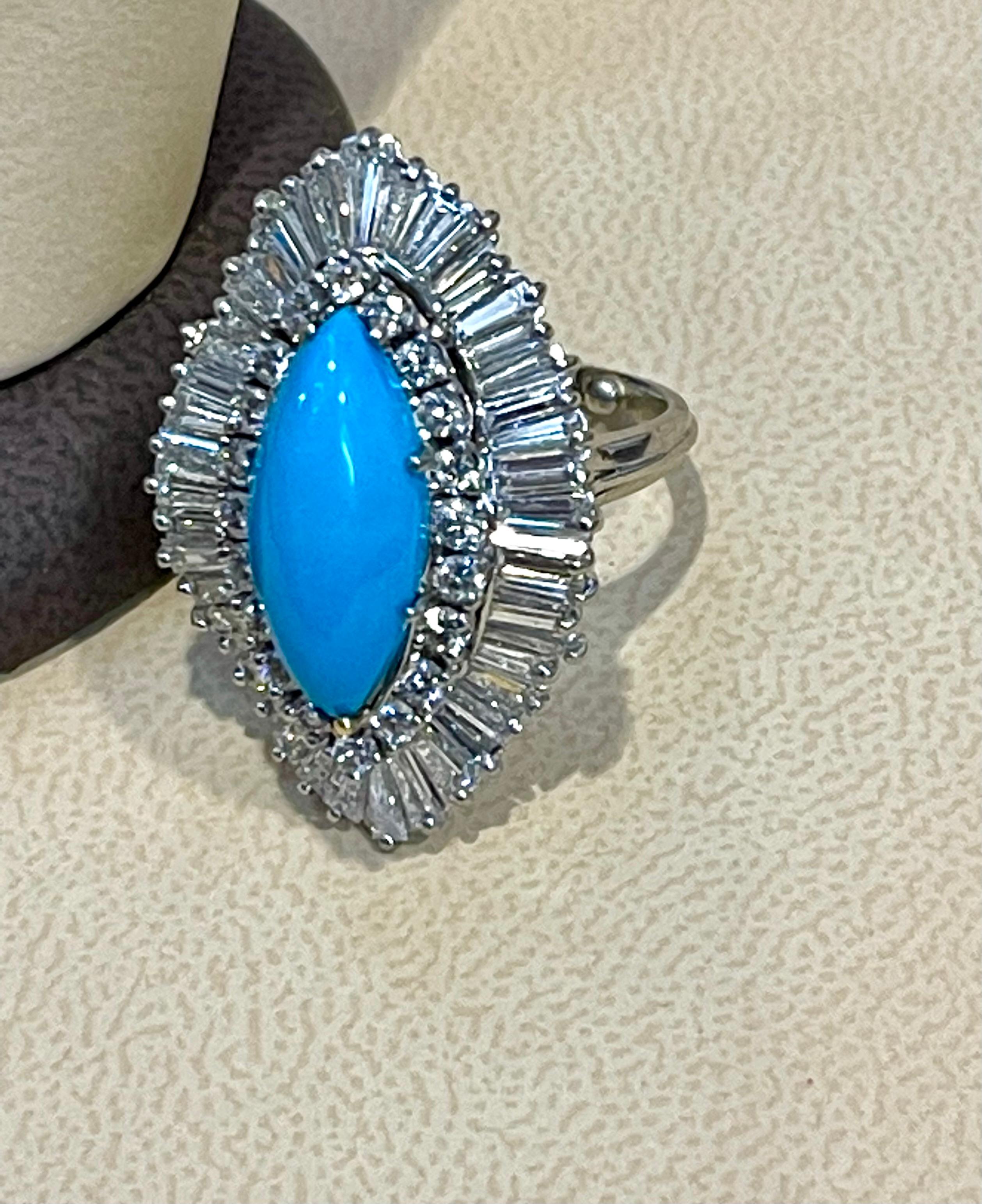 Vintage Natürlicher Marquise-Ring, schlafende Schönheit, Türkis mit Diamanten, Platin im Angebot 12