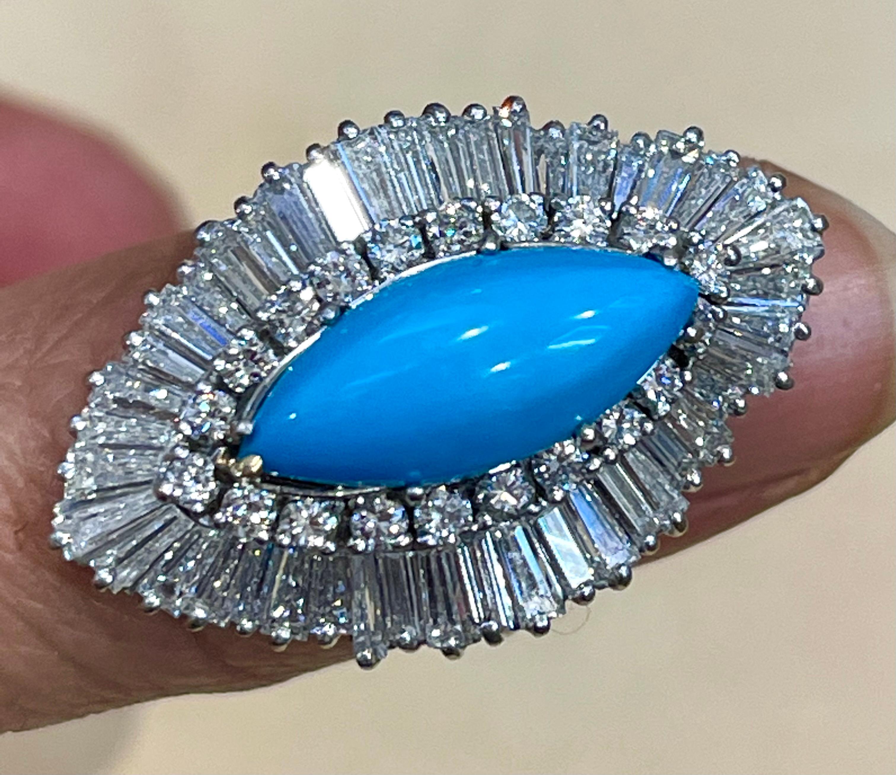 Vintage Natural Marquise Sleeping Beauty Ring Turquoise With Diamonds, Platinum  For Sale 11