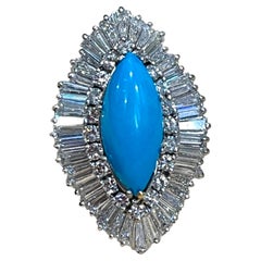 Vintage Natural Marquise Sleeping Beauty Ring Turquoise With Diamonds, Platinum