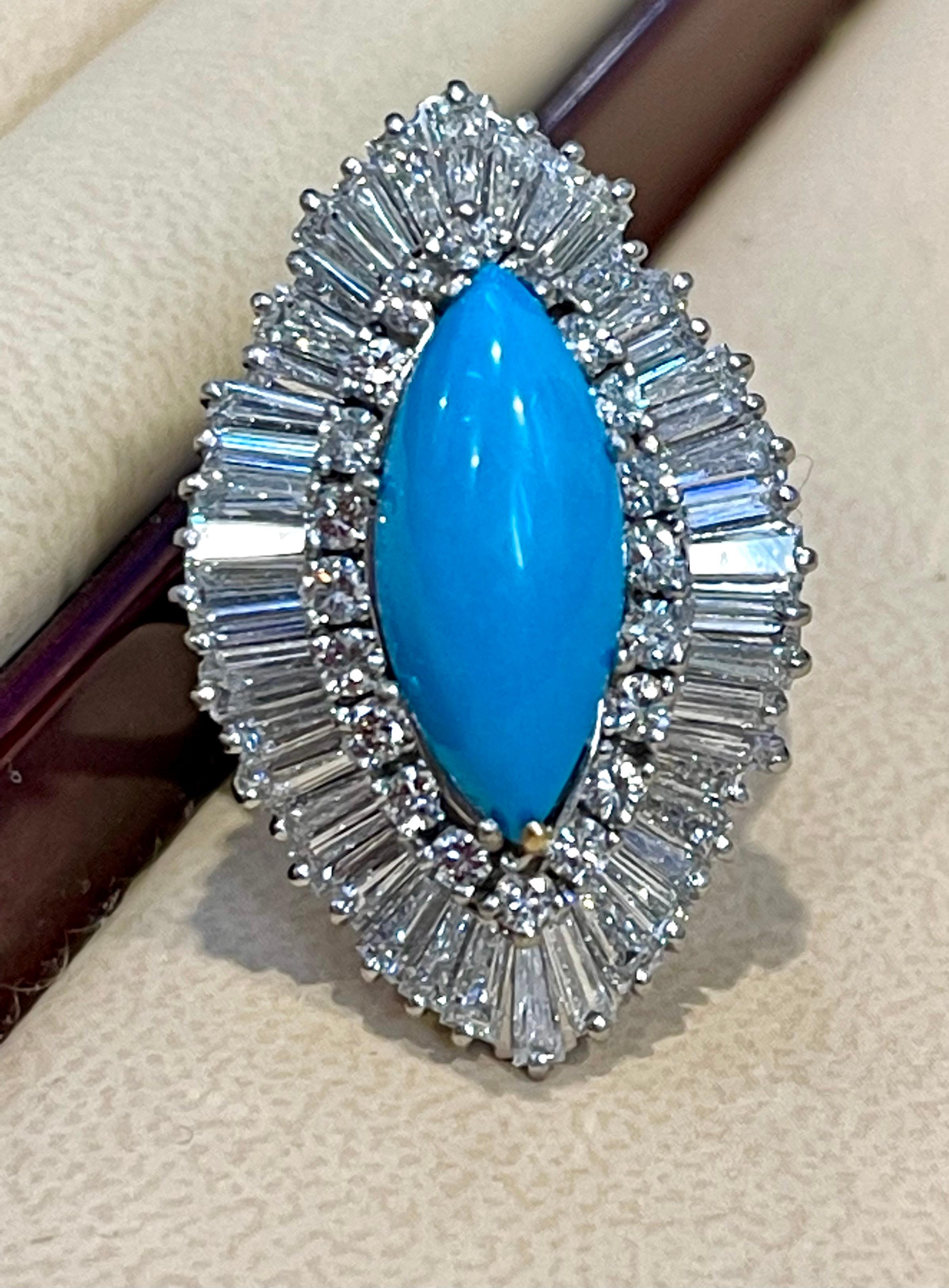 Cabochon Vintage Natural Marquise Sleeping Beauty Ring Turquoise With Diamonds, Platinum  For Sale