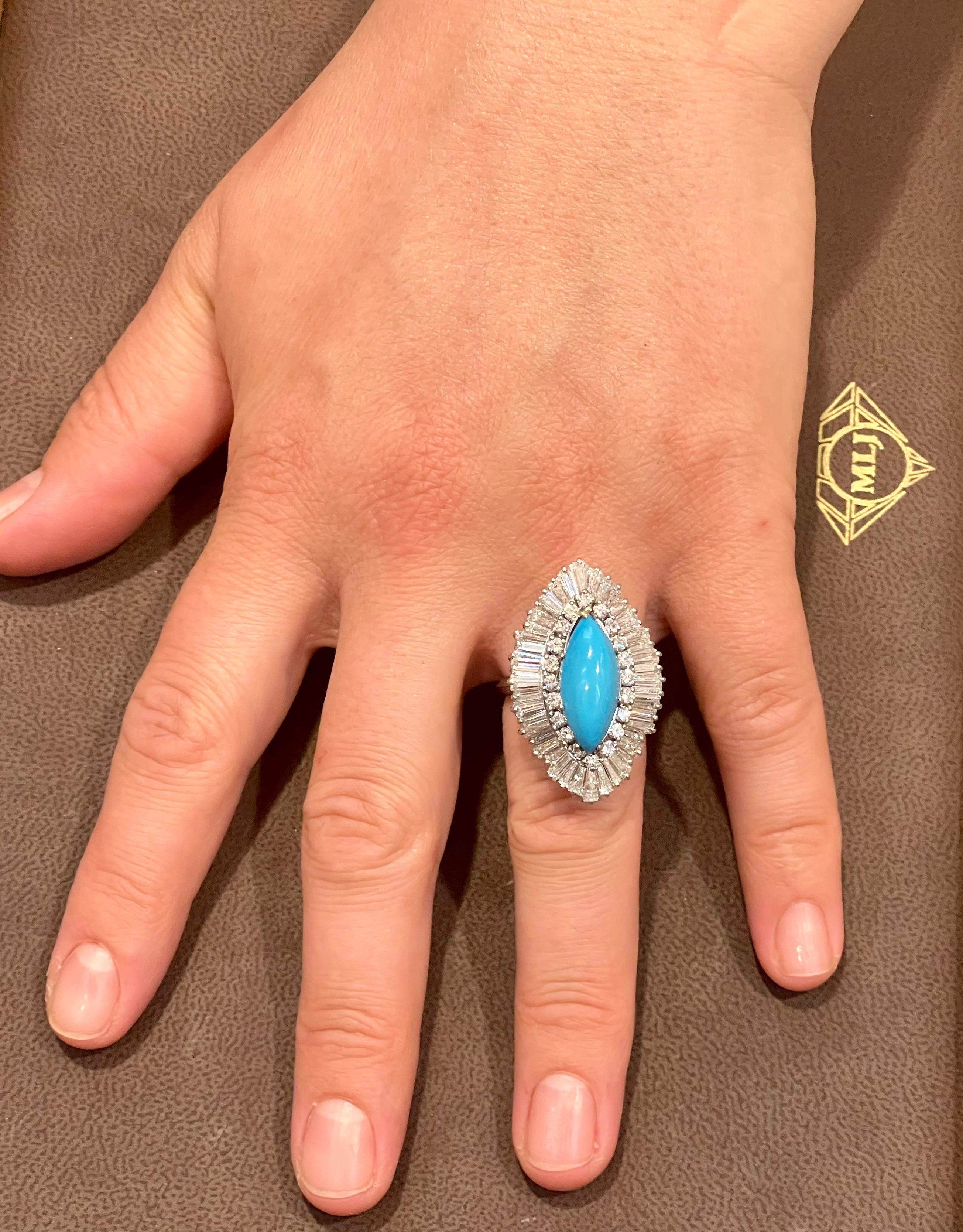 Vintage Natural Marquise Sleeping Beauty Ring Turquoise With Diamonds, Platinum  In Excellent Condition For Sale In New York, NY