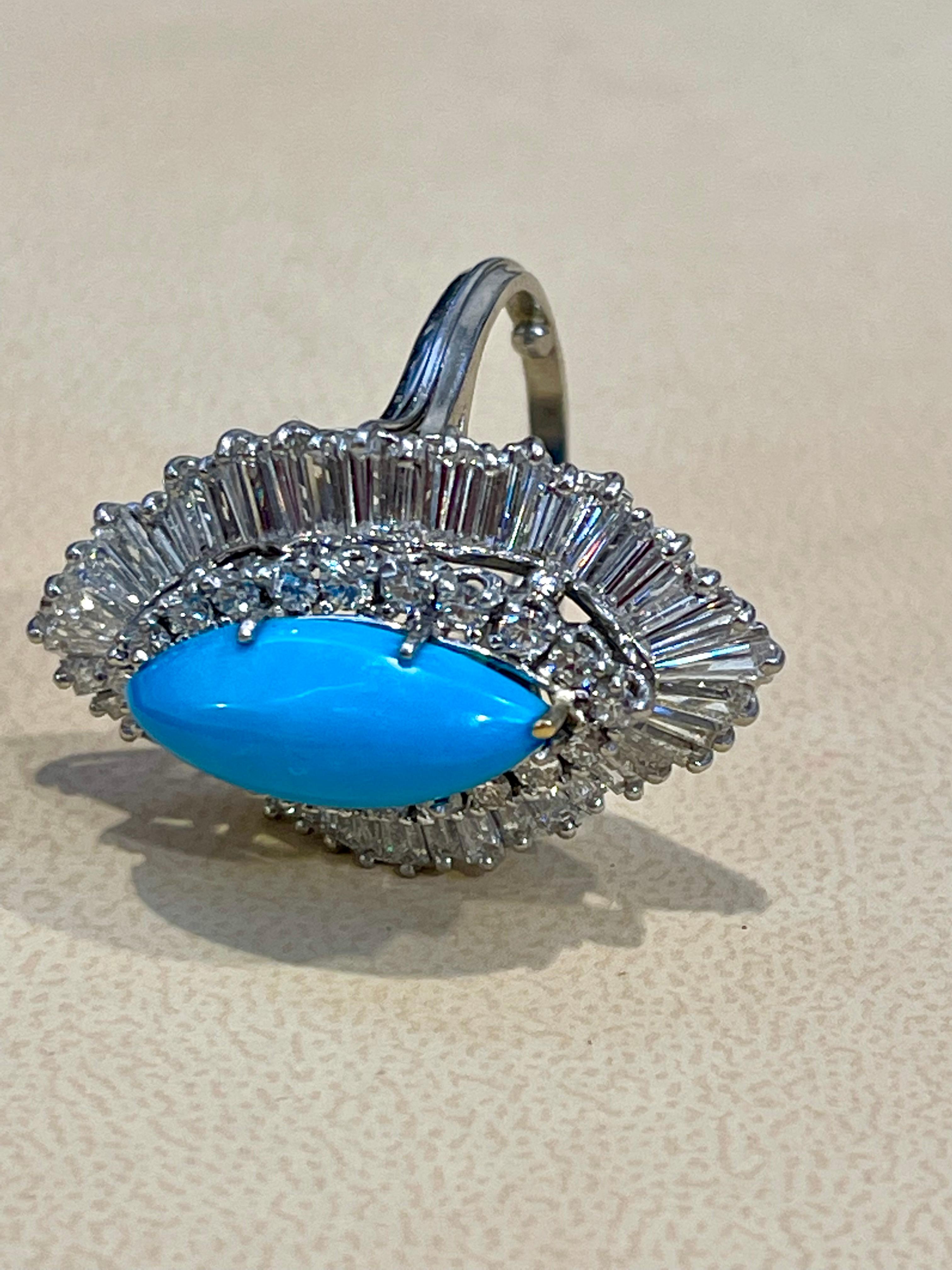 Women's Vintage Natural Marquise Sleeping Beauty Ring Turquoise With Diamonds, Platinum  For Sale