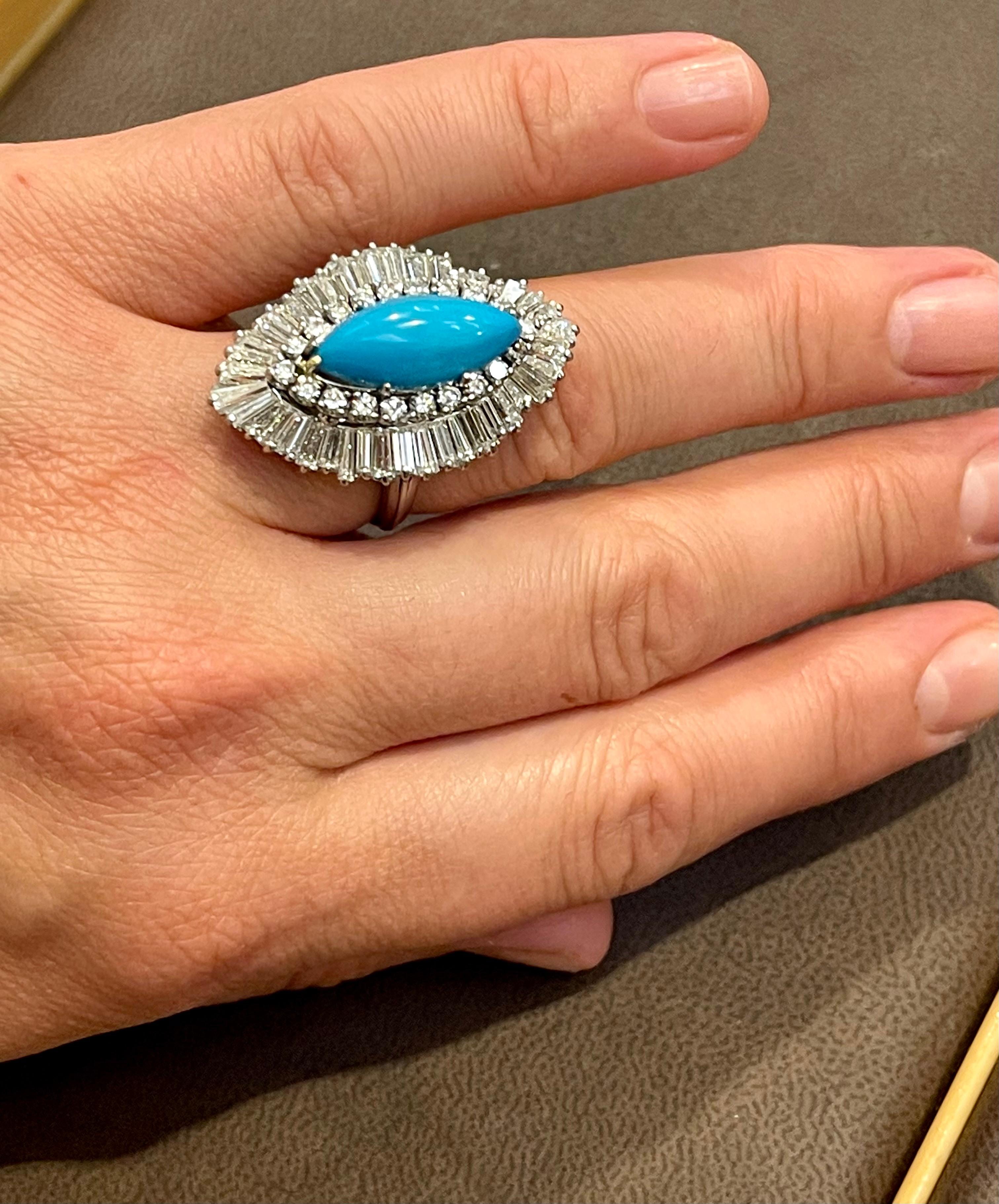 Vintage Natural Marquise Sleeping Beauty Ring Turquoise With Diamonds, Platinum  For Sale 1
