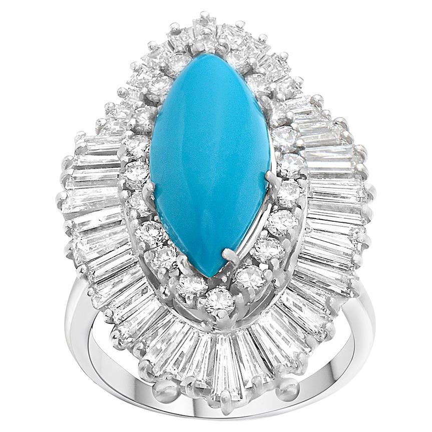 Vintage Natürlicher Marquise-Ring, schlafende Schönheit, Türkis mit Diamanten, Platin 